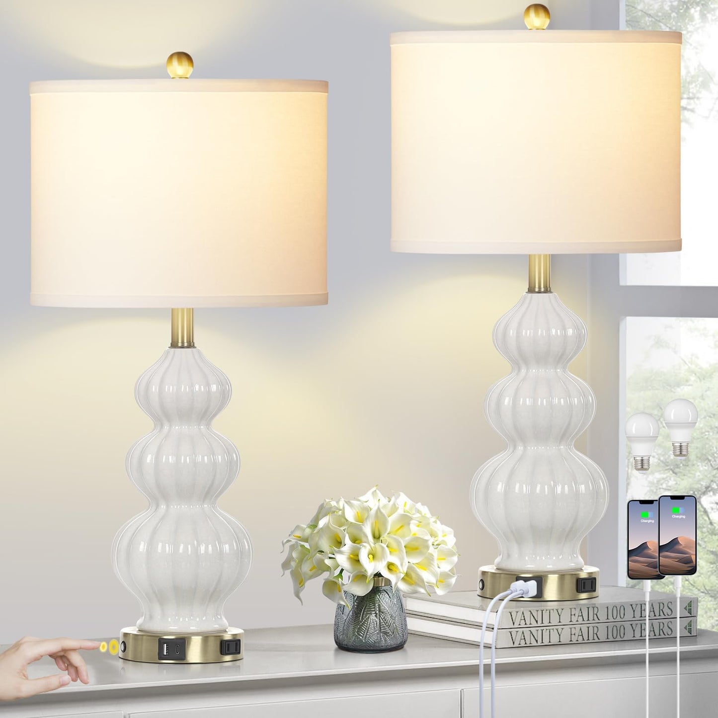 27-Zoll-Tischlampen aus Glas, 2er-Set mit Nachtlicht, moderne Nachttischlampen mit 3-Wege-Touch-Steuerung, USB-A+C-Anschlüssen und AC-Steckdose, gelbe Nachttischlampen im Boho-Stil für das Wohnzimmer im Schlafzimmer