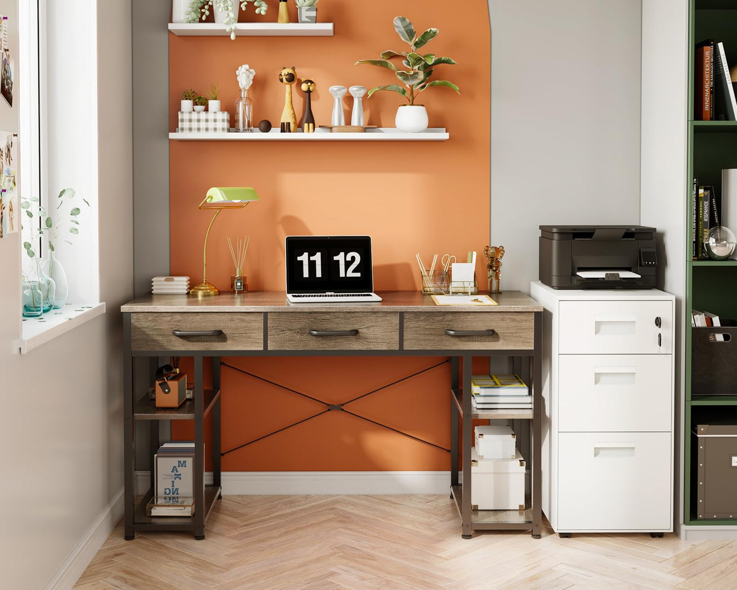 ODK Office Kleiner Computertisch: Heimtisch mit Stoffschubladen und Ablageflächen, moderner Schreibtisch, Schwarz, 48"x16"