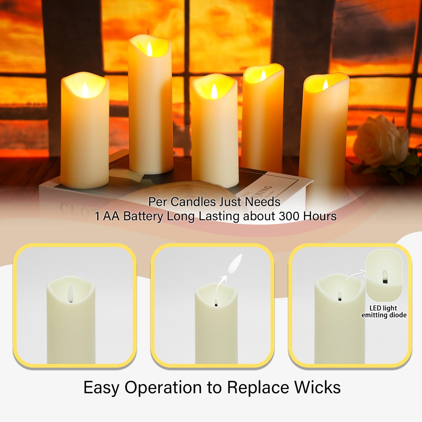 Flickering Flameless Candles Battery Operated with Remote and 2/4/6/8 H Timer Plexiglass Led Pillar Candles Pack of 9 (D2.3"xH 5"6"7")with Realistic Moving Wick Candles for Home Decor(White)