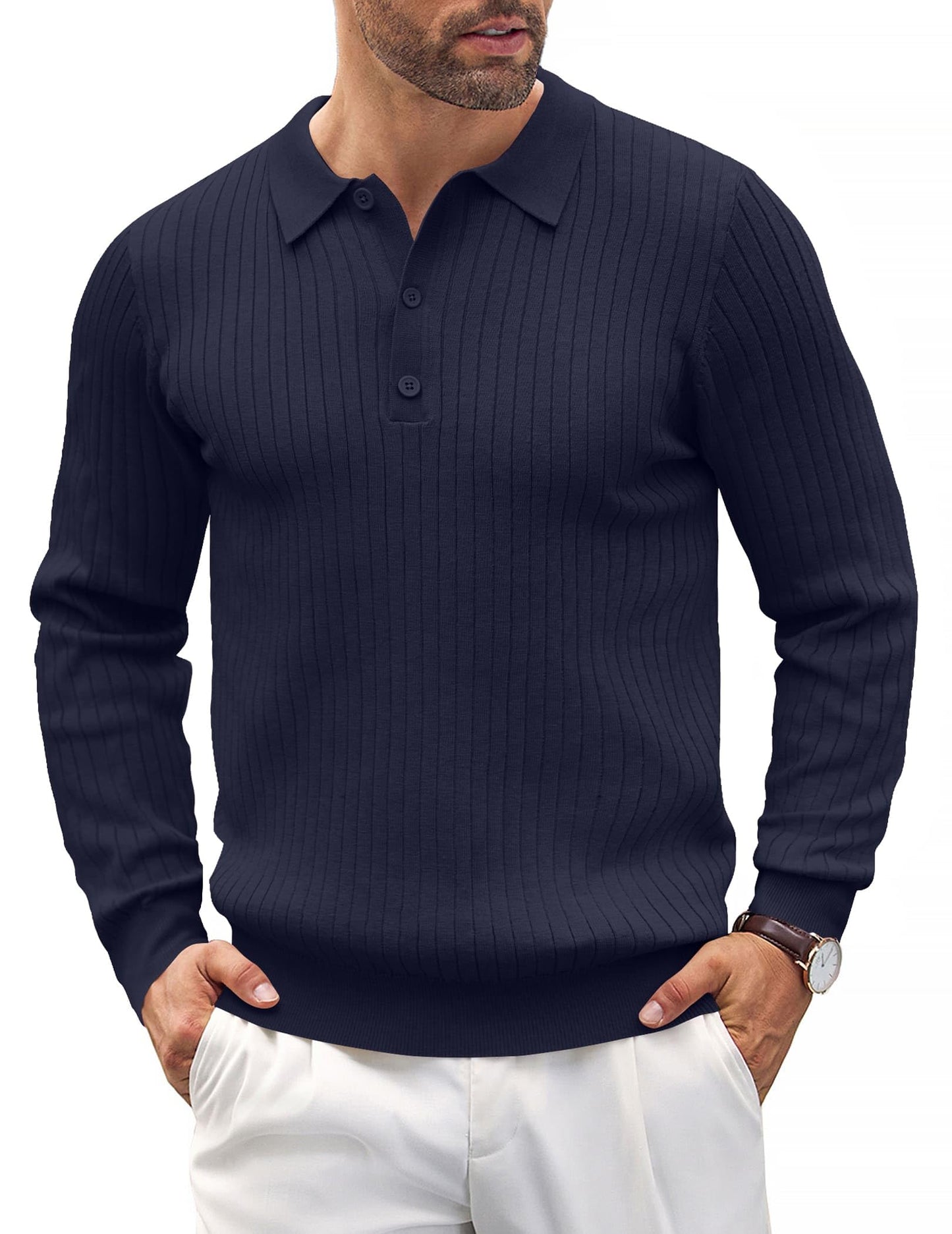 COOFANDY Mens Knit Polo Shirts Casual Long Sleeve Classic Polo Shirts Button Down Golf Shirts