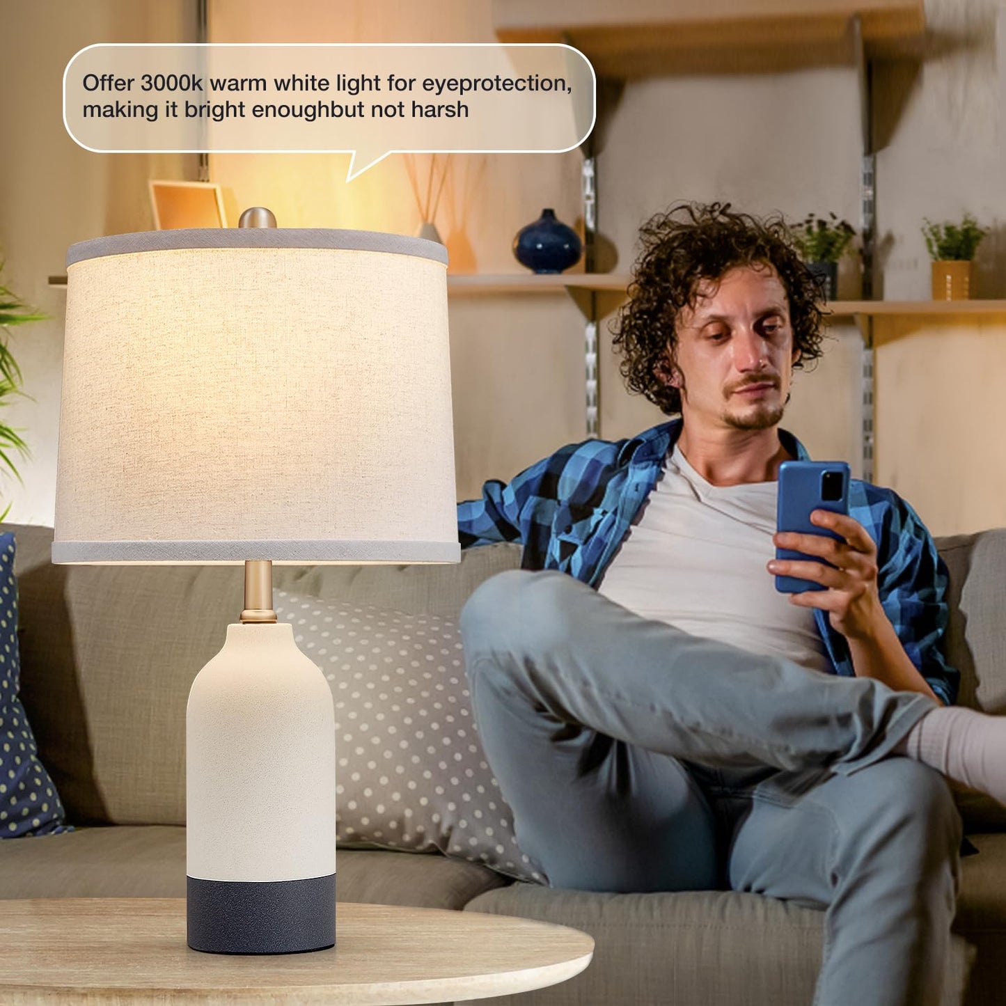 Luvkczc Moderne Keramiklampen für Schlafzimmer, 2er-Set, 3-Farbtemperatur-Tischlampe, Nachttischlampe, Schreibtisch-Leselampe mit Stoffschirm in Trommelform für Schlafzimmer, Wohnzimmer, 2 Glühbirnen enthalten (21,4 Zoll)