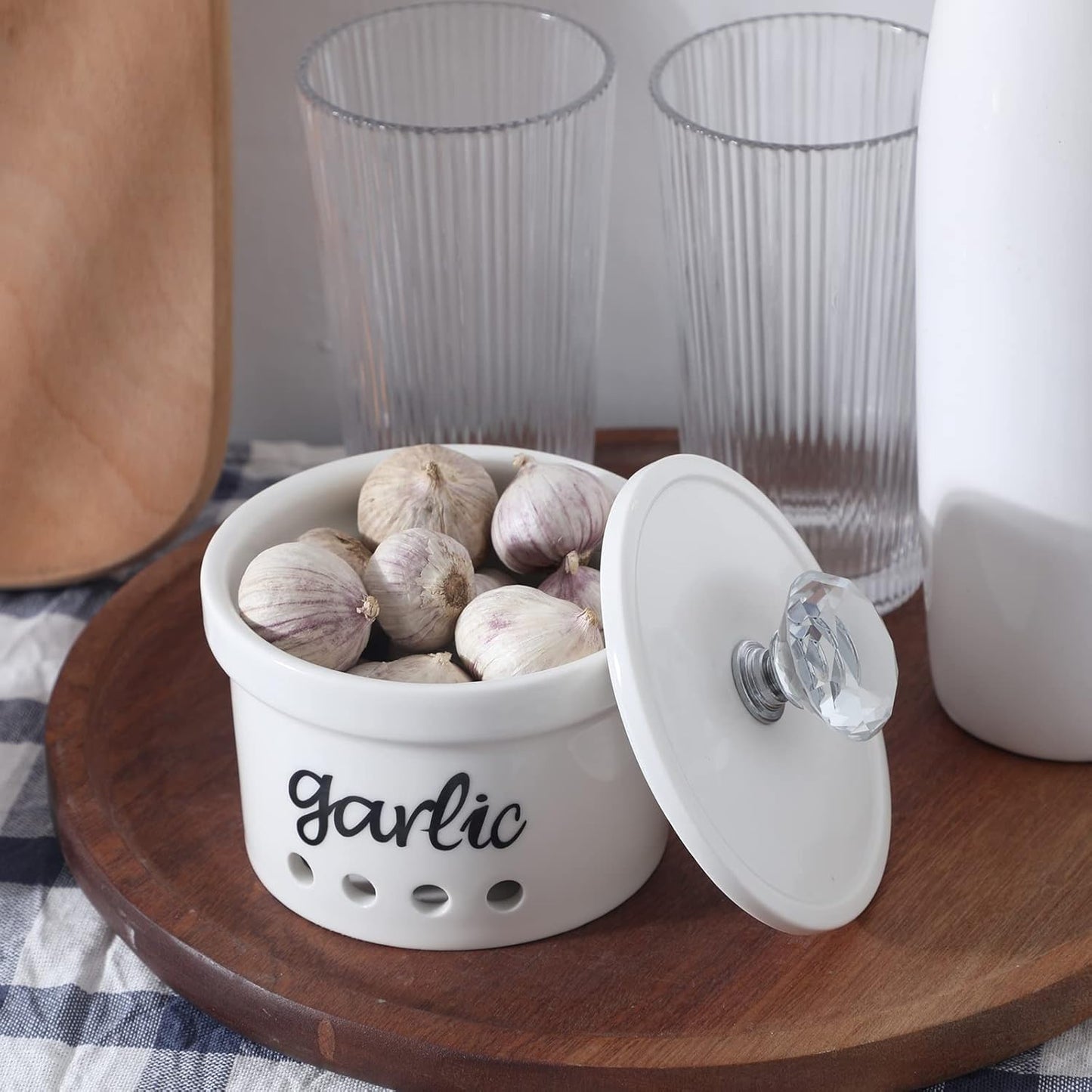 HAOTOP Garlic Keeper with Crystal Lid, 12.5 oz Ceramic Garlic Saver Container for Countertop, Farmhouse Kitchen Decor (Silver)