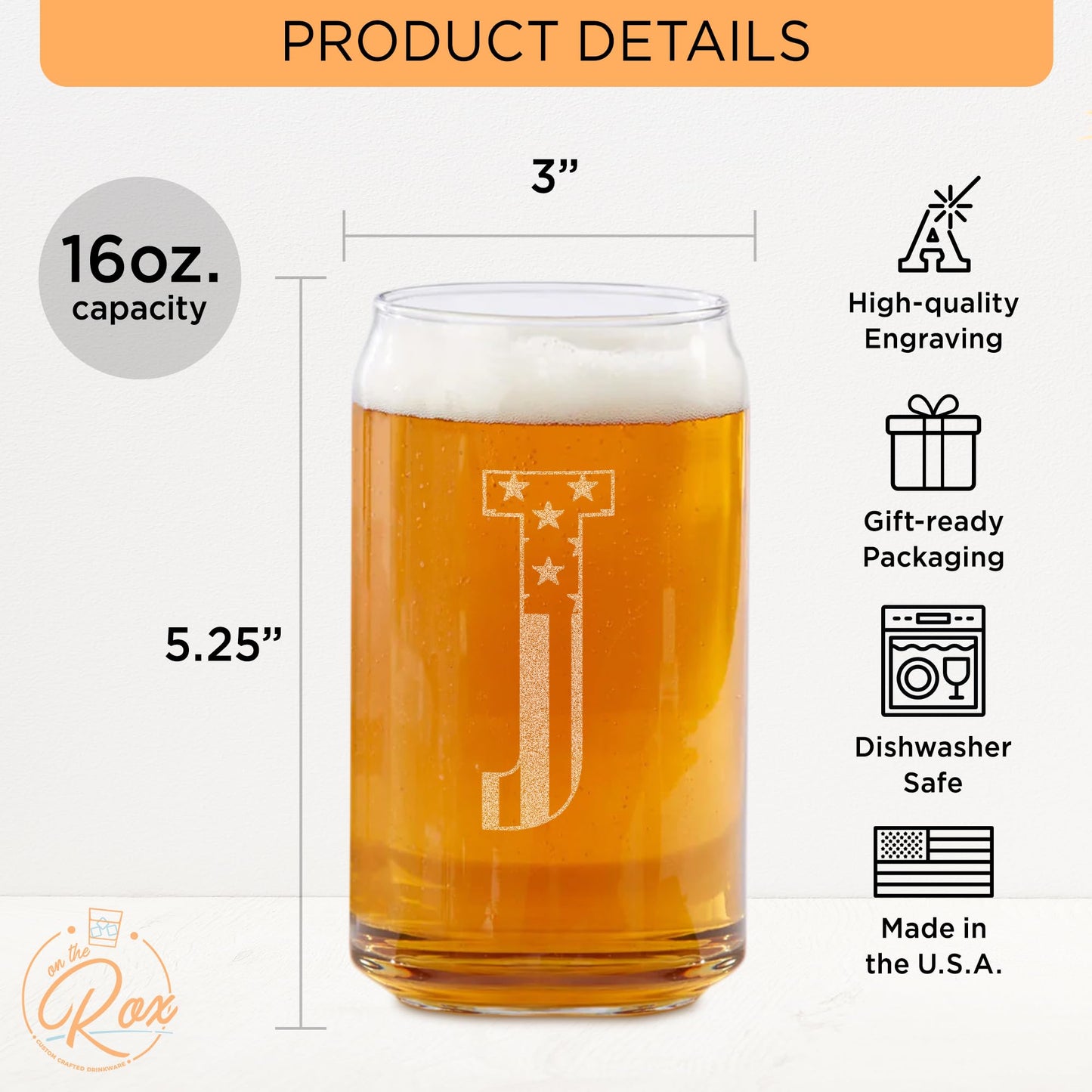 Verres à bière monogrammés pour hommes (AZ) 16 oz - Cadeaux de bière gravés pour hommes Frère Fils Papa Voisin - Cadeaux de Noël uniques pour lui - Chopes à bière personnalisées (J)