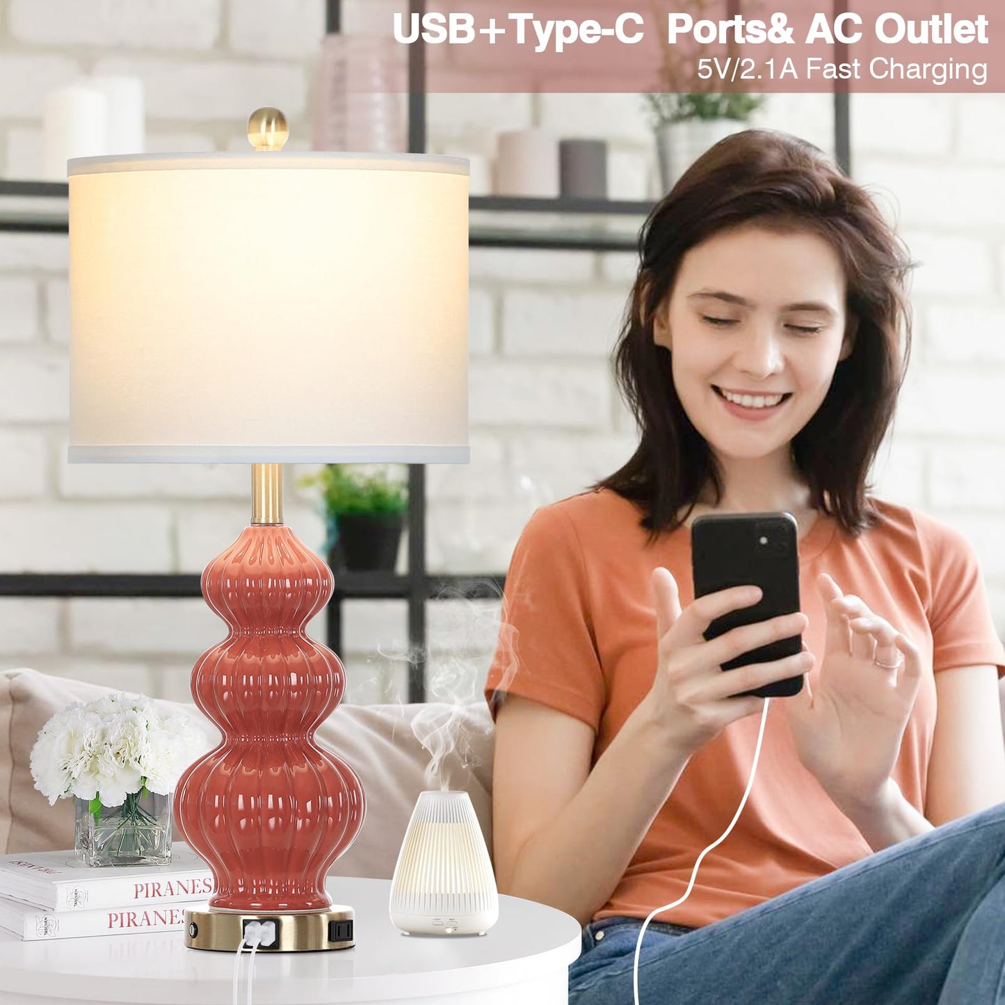 27-Zoll-Tischlampen aus Glas, 2er-Set mit Nachtlicht, moderne Nachttischlampen mit 3-Wege-Touch-Steuerung, USB-A+C-Anschlüssen und AC-Steckdose, gelbe Nachttischlampen im Boho-Stil für das Wohnzimmer im Schlafzimmer