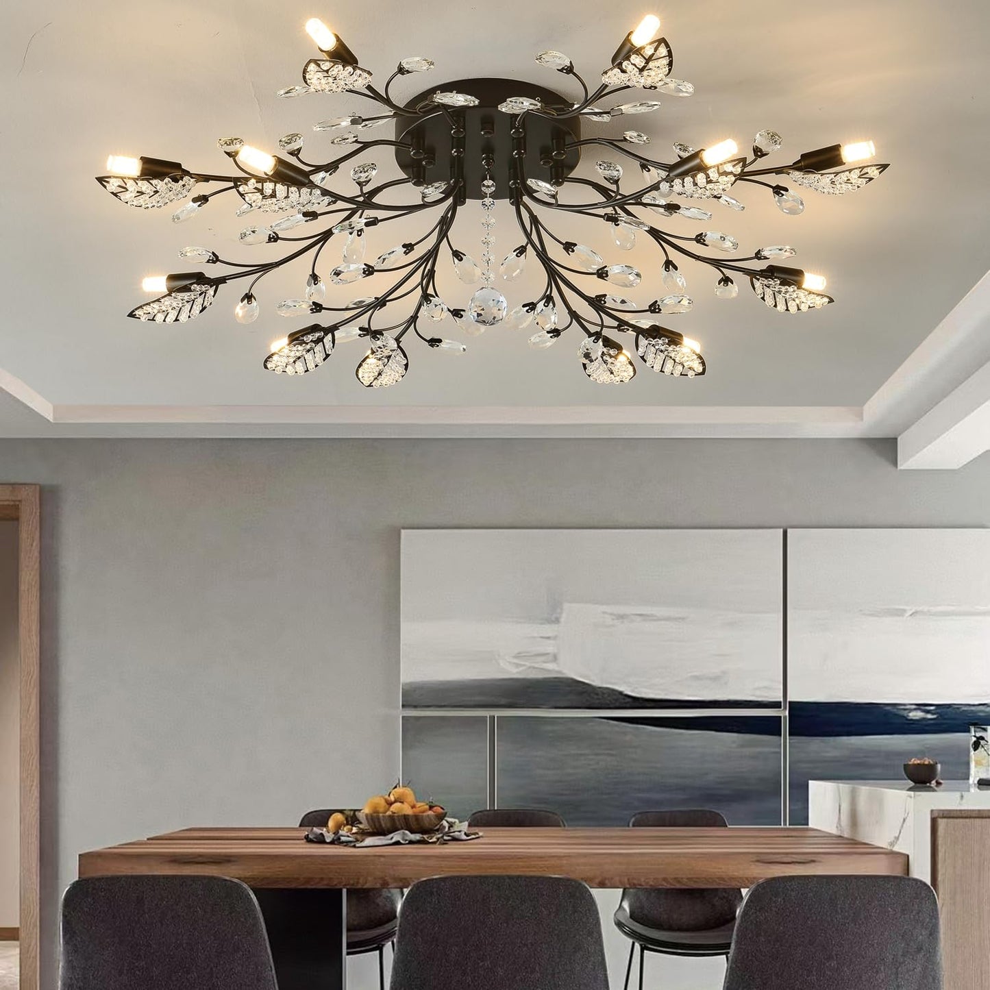 Moderne Deckenleuchte aus Kristall, halbbündiger Kronleuchter, Deckenleuchte aus Kristallblättern, Kronleuchter für Esszimmer, Wohnzimmer, Schlafzimmer (Gold, 12 Lichter)
