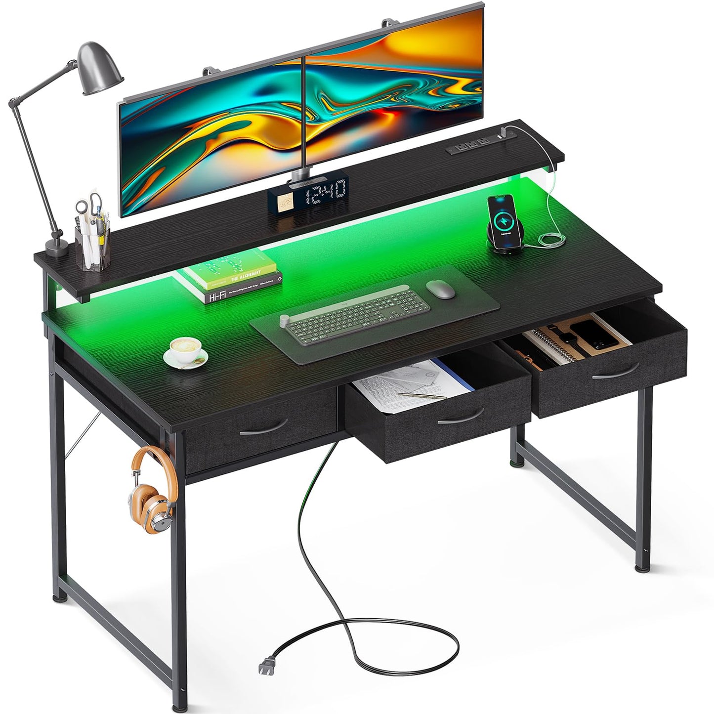 ODK 54-Zoll-Computertisch mit 3 Schubladen und USB-Steckdosen, Home-Office-Schreibtische mit LED-Leuchten und verstellbarem Monitorständer, Arbeiten von zu Hause, moderner Arbeits-/Schreib-/Studiertisch für Schlafzimmer, Schwarz