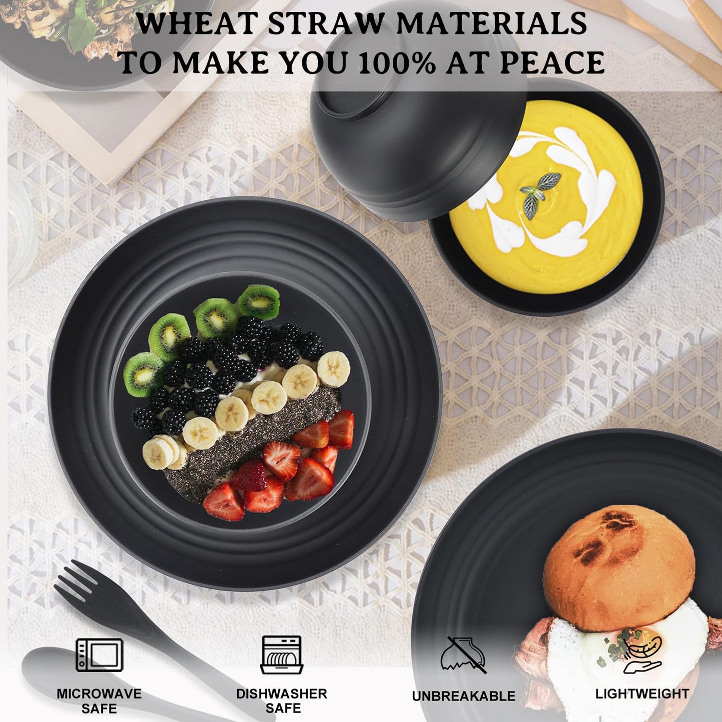 28 Piece Wheat Straw Dinnerware Sets,Dishwasher & Microwave Safe Plates and Bowls Sets - Unbreakable Plastic Dinnerware Sets for 4 Dinner Plates, Cups, Cereal Bowls - Colorful Series