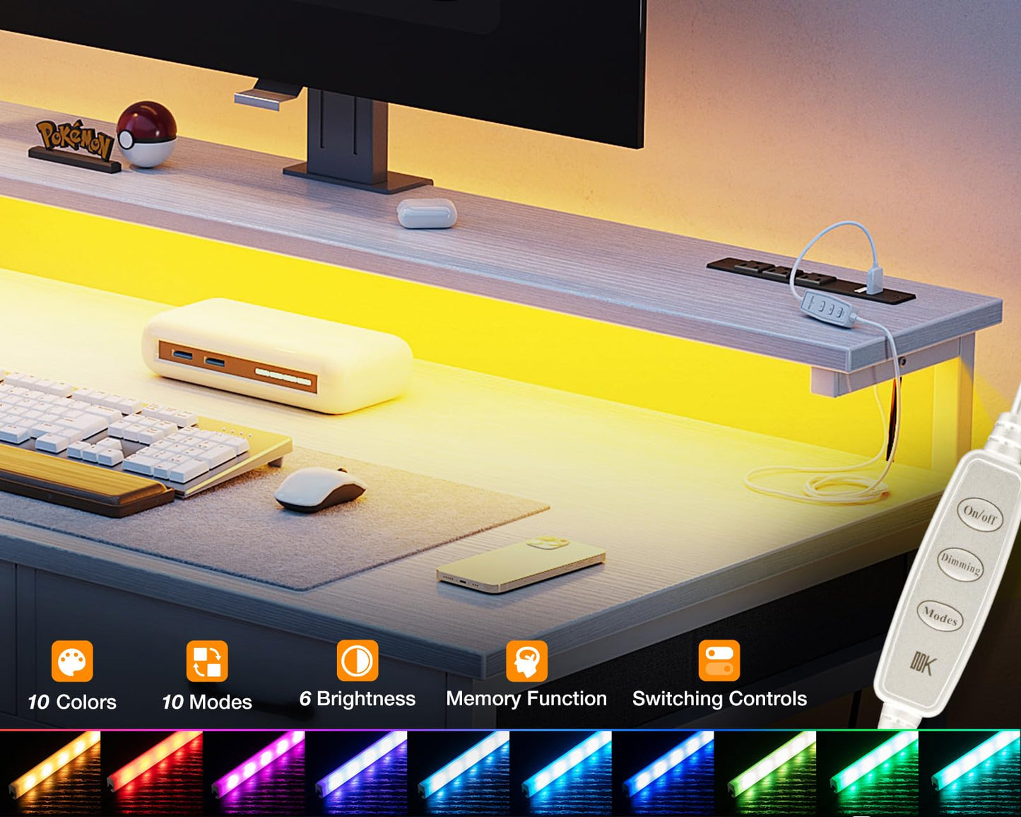 ODK 54-Zoll-Computertisch mit 3 Schubladen und USB-Steckdosen, Home-Office-Schreibtische mit LED-Leuchten und verstellbarem Monitorständer, Arbeiten von zu Hause, moderner Arbeits-/Schreib-/Studiertisch für Schlafzimmer, Schwarz
