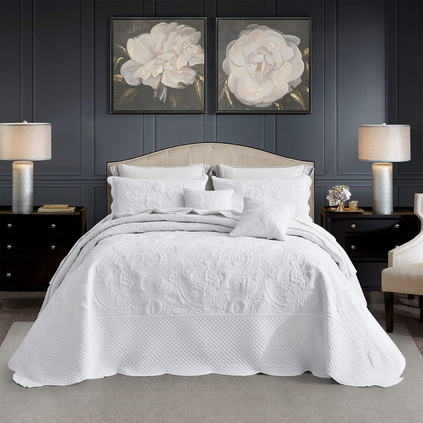 Oversized King Bedspread 128x120 Extra Wide, Paisley Pattern Design, Lightweight Bedding Cover, Reversible, 5 Piece, 100% Microfiber, King/Cal King, Pure White