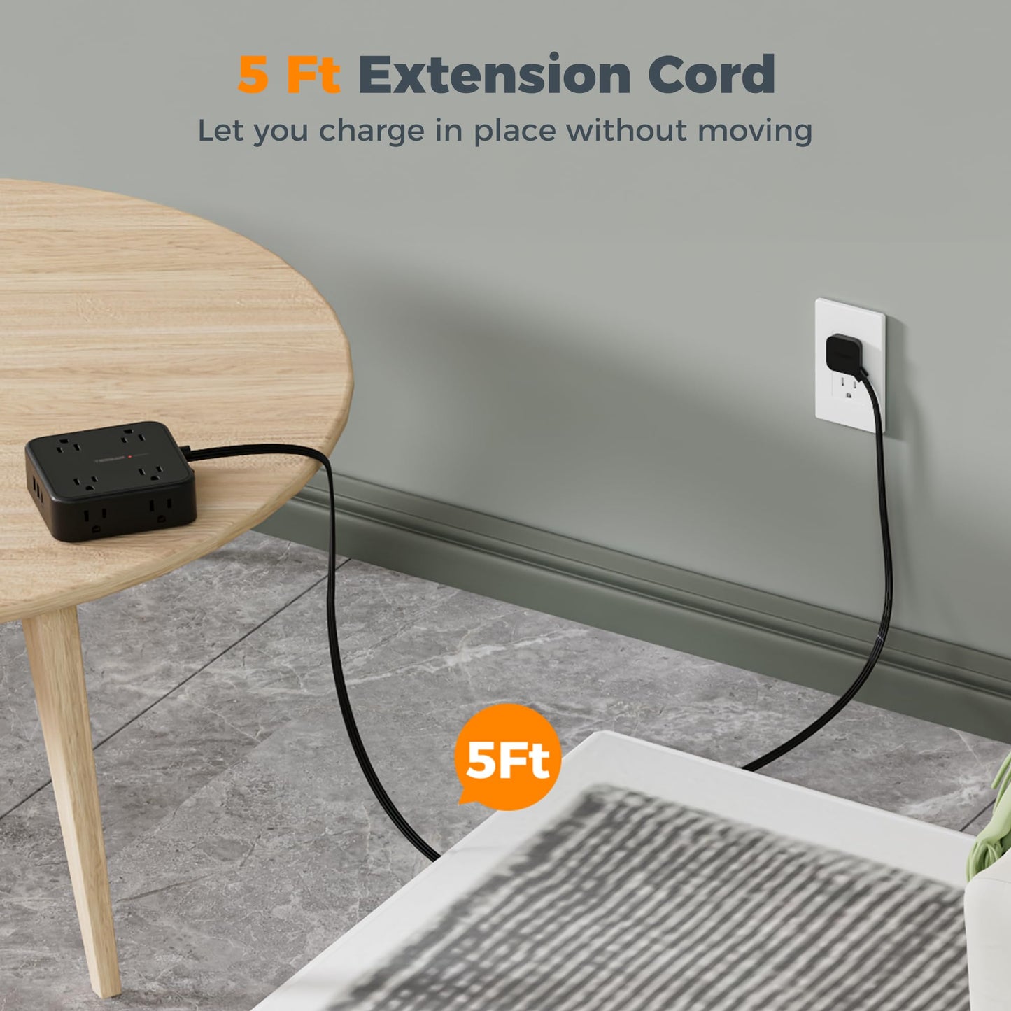 Surge Protector Flat Extension Cord Flat Plug Power Strip, 8 AC Outlets, 3 USB Charger(1 USB C Port) 3-Sided Outlet Extender, 5 Ft, 900 Joules Protection