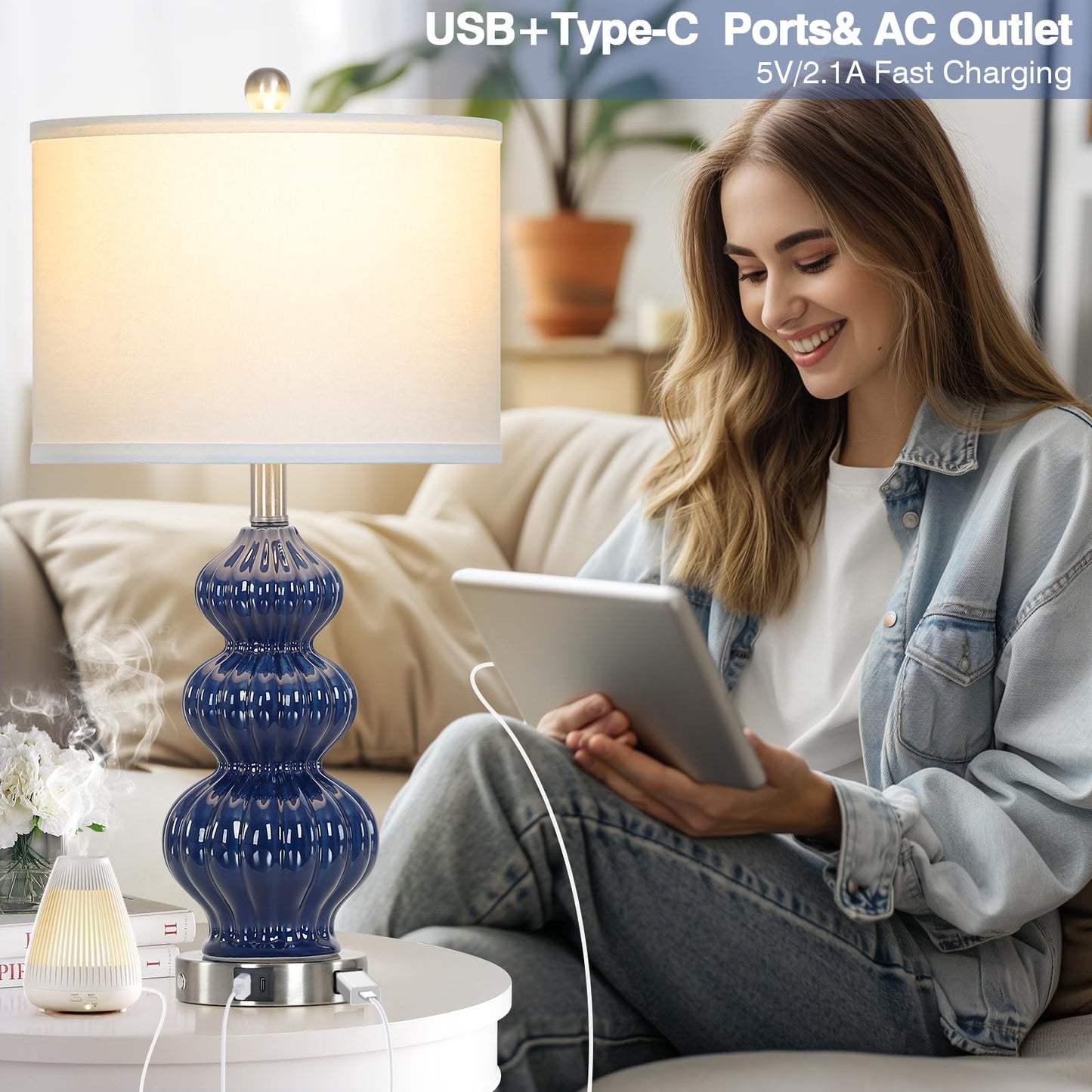 27-Zoll-Tischlampen aus Glas, 2er-Set mit Nachtlicht, moderne Nachttischlampen mit 3-Wege-Touch-Steuerung, USB-A+C-Anschlüssen und AC-Steckdose, gelbe Nachttischlampen im Boho-Stil für das Wohnzimmer im Schlafzimmer