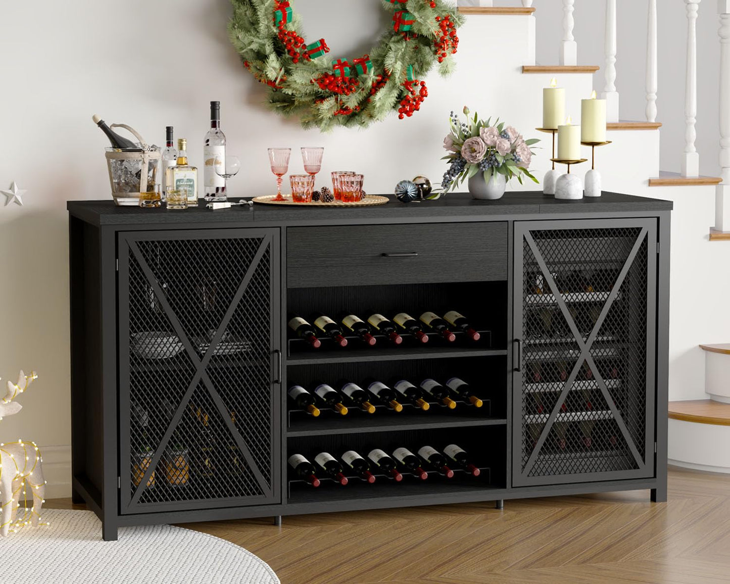 LVB Langer Barschrank mit Platz für den Kühlschrank, großer Spirituosenschrank im Landhausstil mit Schubladen, großer Weinschrank aus rustikalem Holz und Metall mit Regal, modernes Sideboard-Buffet für Küche und Esszimmer, grau, 70 Zoll