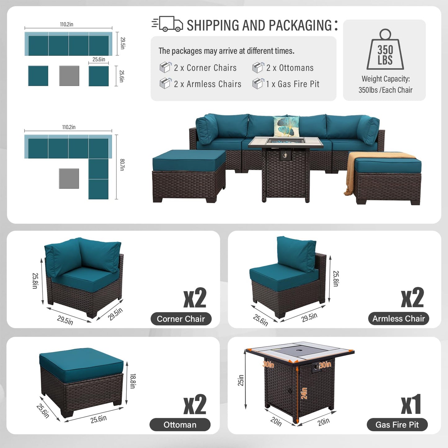 Outdoor Patio Dark Brown Rattan 7 Piece Sectional Set PE Wicker Conversation Sofa with Liftable Storage Table Non-Slip 5" Thick Royal Blue Cushion and Furniture Cover