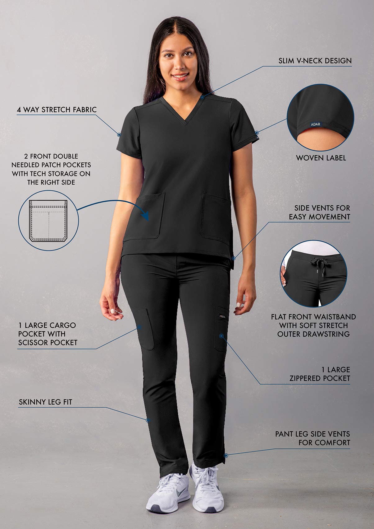 Ensemble de gommage Adar Addition Go-Basic pour femme - Haut de gommage slim à col en V et pantalon de gommage cargo skinny