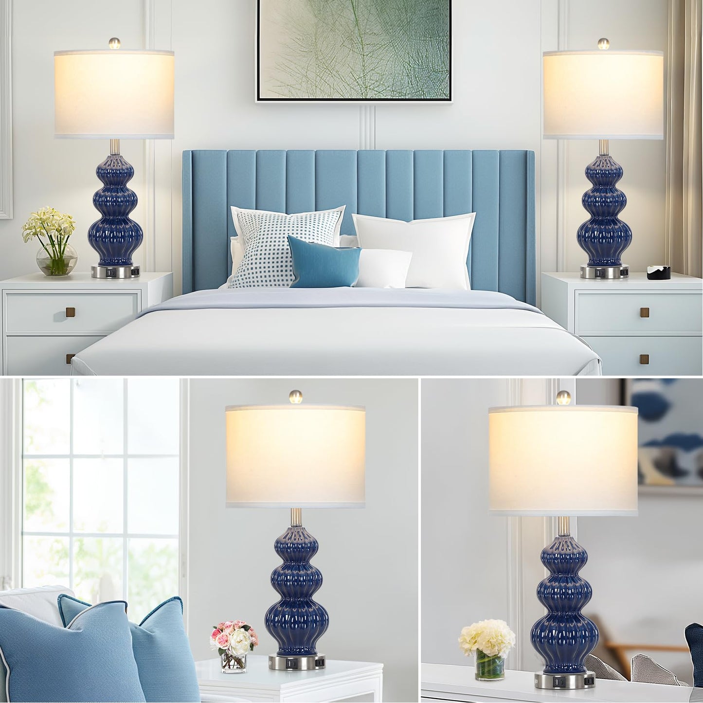 27-Zoll-Tischlampen aus Glas, 2er-Set mit Nachtlicht, moderne Nachttischlampen mit 3-Wege-Touch-Steuerung, USB-A+C-Anschlüssen und AC-Steckdose, gelbe Nachttischlampen im Boho-Stil für das Wohnzimmer im Schlafzimmer