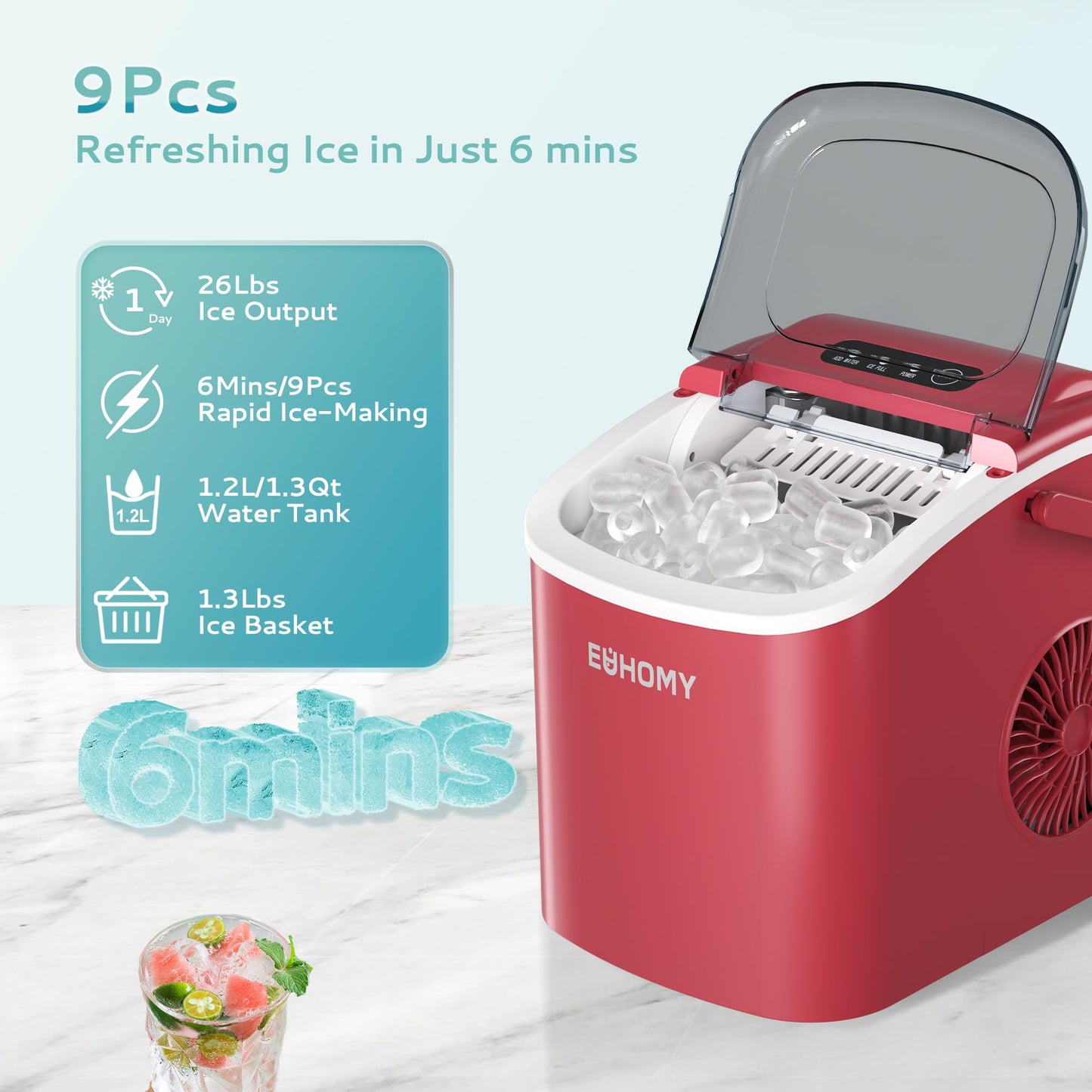 EUHOMY Countertop Ice Maker Machine with Handle, 26lbs in 24Hrs, 9 Ice Cubes Ready in 6 Mins, Auto-Cleaning Portable Ice Maker with Basket and Scoop, for Home/Kitchen/Camping/RV. (Black)