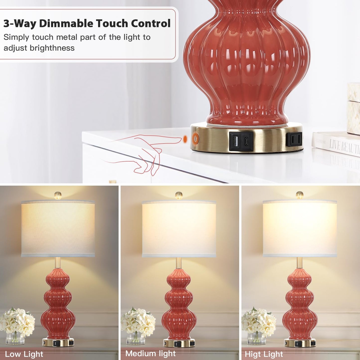 27-Zoll-Tischlampen aus Glas, 2er-Set mit Nachtlicht, moderne Nachttischlampen mit 3-Wege-Touch-Steuerung, USB-A+C-Anschlüssen und AC-Steckdose, gelbe Nachttischlampen im Boho-Stil für das Wohnzimmer im Schlafzimmer