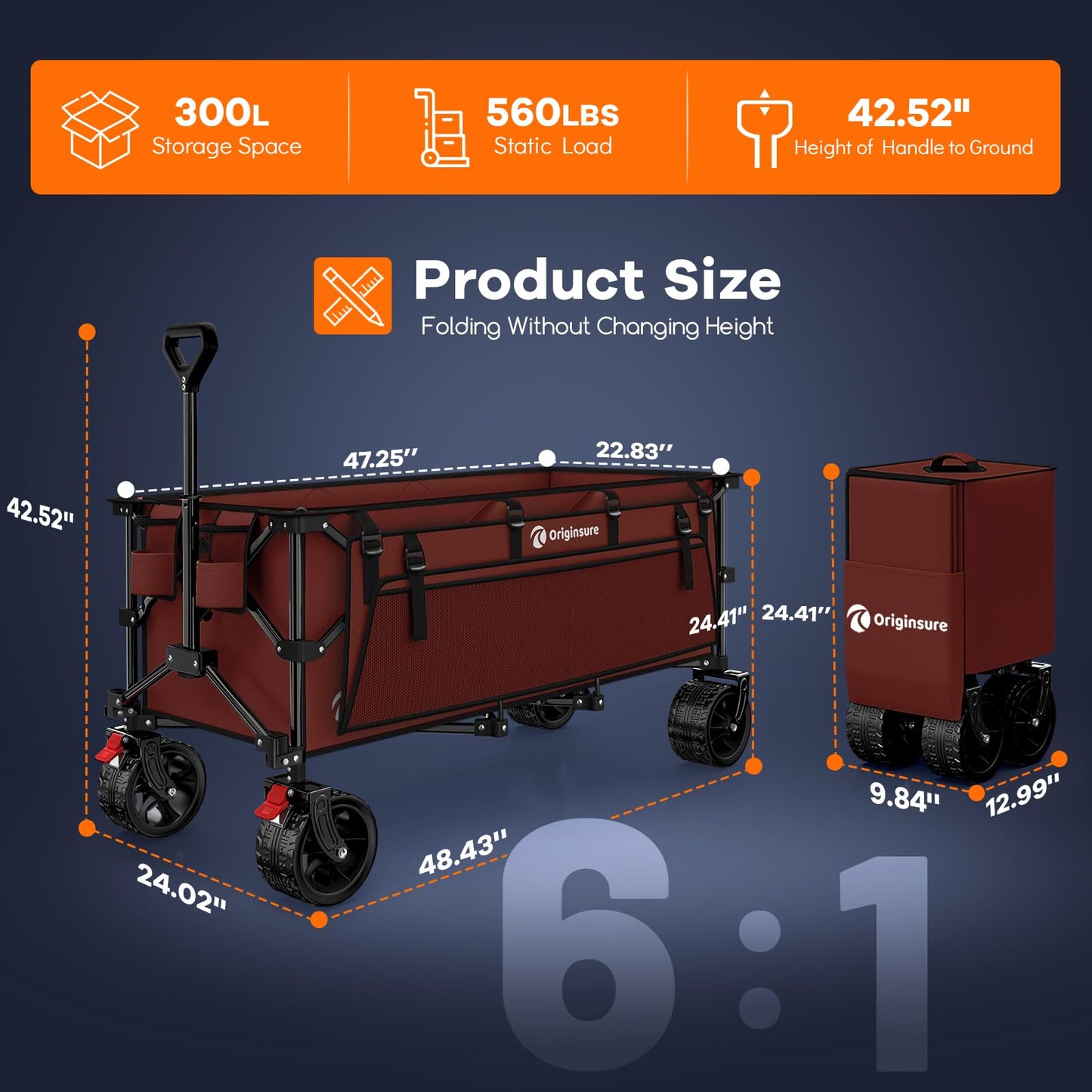48" L Collapsible Wagon Cart Foldable, 560LB Weight Capacity 300L Heavy Duty Folding Beach Wagons with Big All-Terrain Wheels, Utility Carts for Groceries, Shopping, Camping, Sports - Black