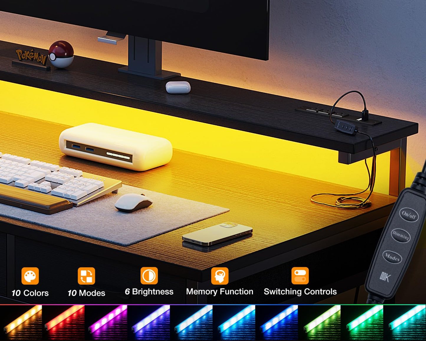 ODK 54-Zoll-Computertisch mit 3 Schubladen und USB-Steckdosen, Home-Office-Schreibtische mit LED-Leuchten und verstellbarem Monitorständer, Arbeiten von zu Hause, moderner Arbeits-/Schreib-/Studiertisch für Schlafzimmer, Schwarz
