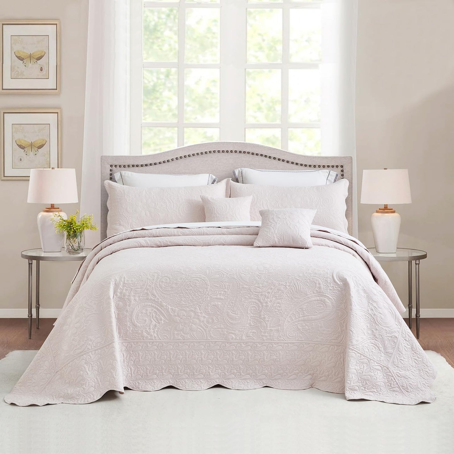 Oversized King Bedspread 128x120 Extra Wide, Paisley Pattern Design, Lightweight Bedding Cover, Reversible, 5 Piece, 100% Microfiber, King/Cal King, Pure White