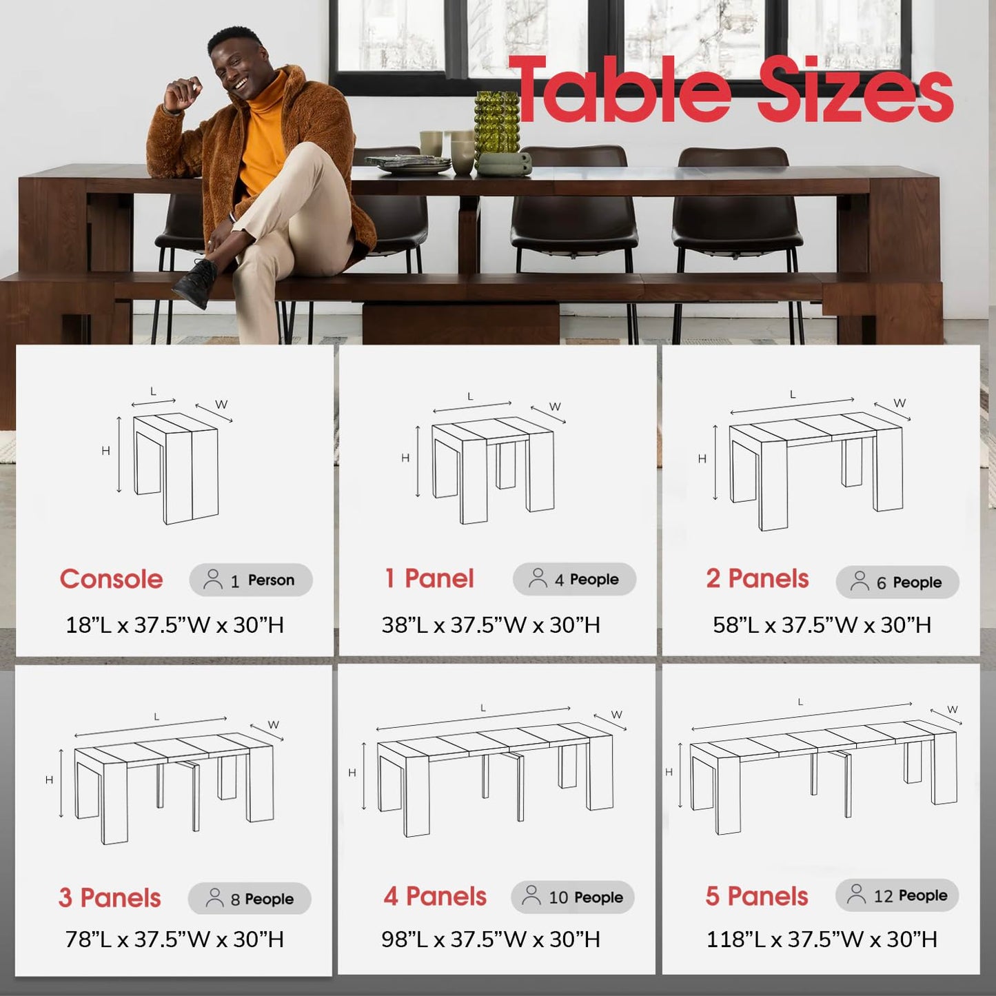 Transformer Table Esstisch-Set für 4 bis 12, ausziehbarer Esstisch aus Holz mit ausziehbarer Bank, Möbel für kleine Räume, Küchentisch-Set (Dunkelgrau, Tisch + Bank)
