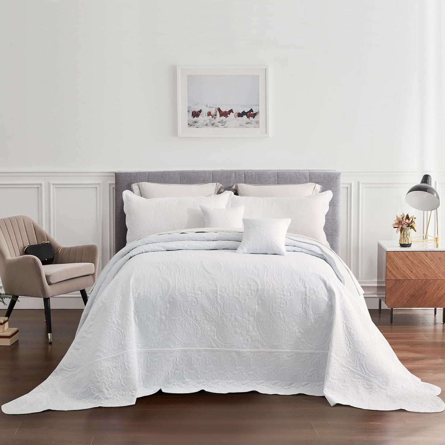 Oversized King Bedspread 128x120 Extra Wide, Paisley Pattern Design, Lightweight Bedding Cover, Reversible, 5 Piece, 100% Microfiber, King/Cal King, Pure White