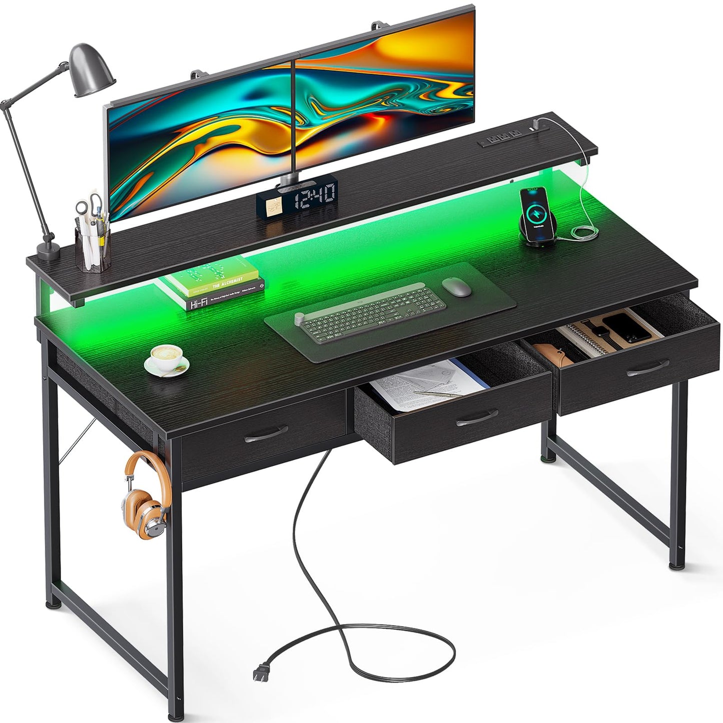 ODK 54-Zoll-Computertisch mit 3 Schubladen und USB-Steckdosen, Home-Office-Schreibtische mit LED-Leuchten und verstellbarem Monitorständer, Arbeiten von zu Hause, moderner Arbeits-/Schreib-/Studiertisch für Schlafzimmer, Schwarz