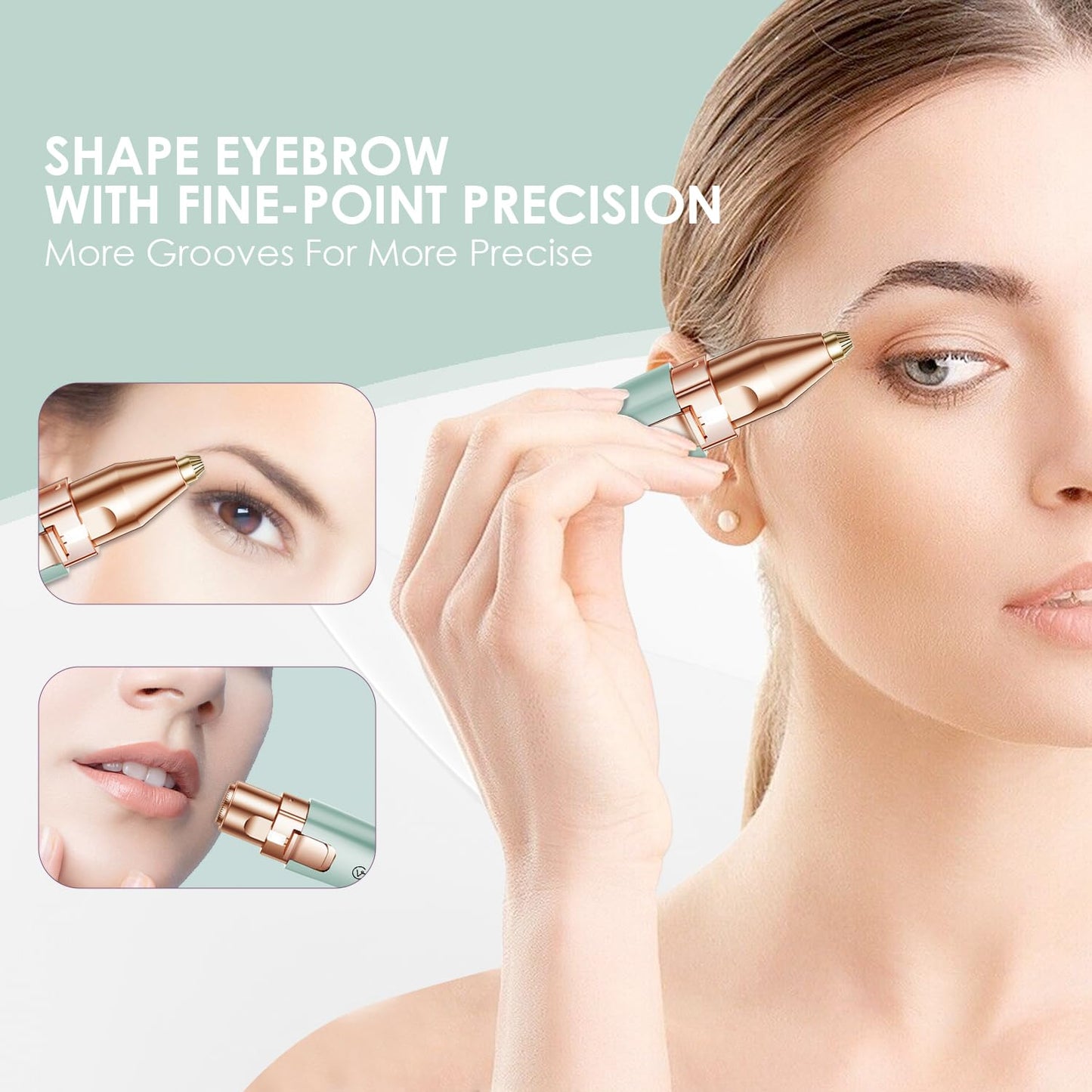 Eyebrow Facial Trimmer: 2 in1 Rechargeable Facial Hair Removal and Eyebrow Shaver - Face Lips Body Painless Facial Razor with Built-in LED Light (Rose Gold)