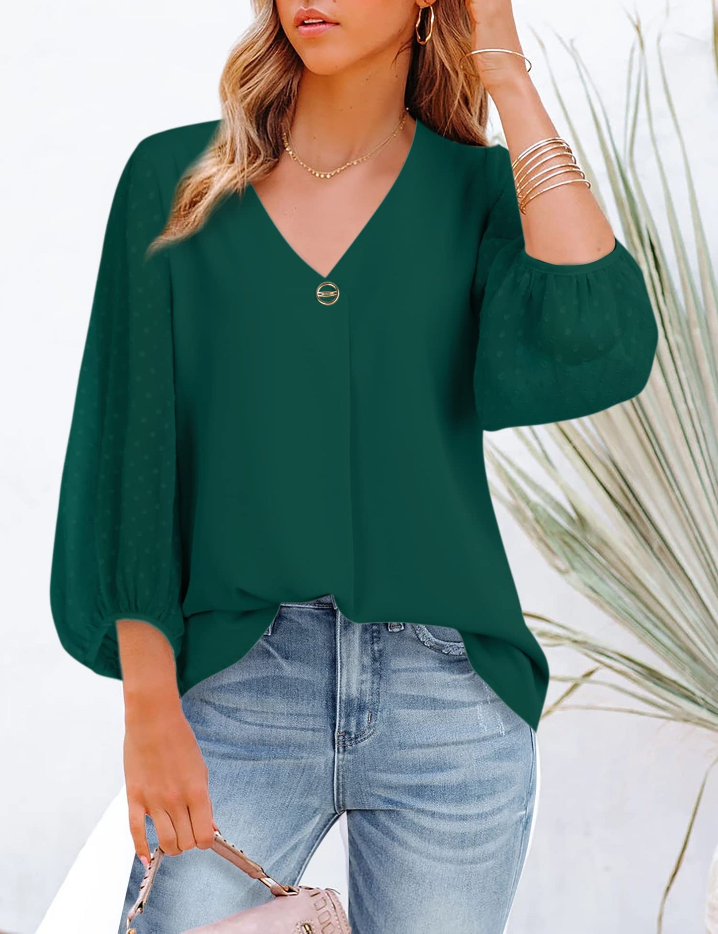 Bebonnie Damen Chiffonbluse mit Laternenmuster, 3/4-Ärmel, lässig, locker, V-Ausschnitt