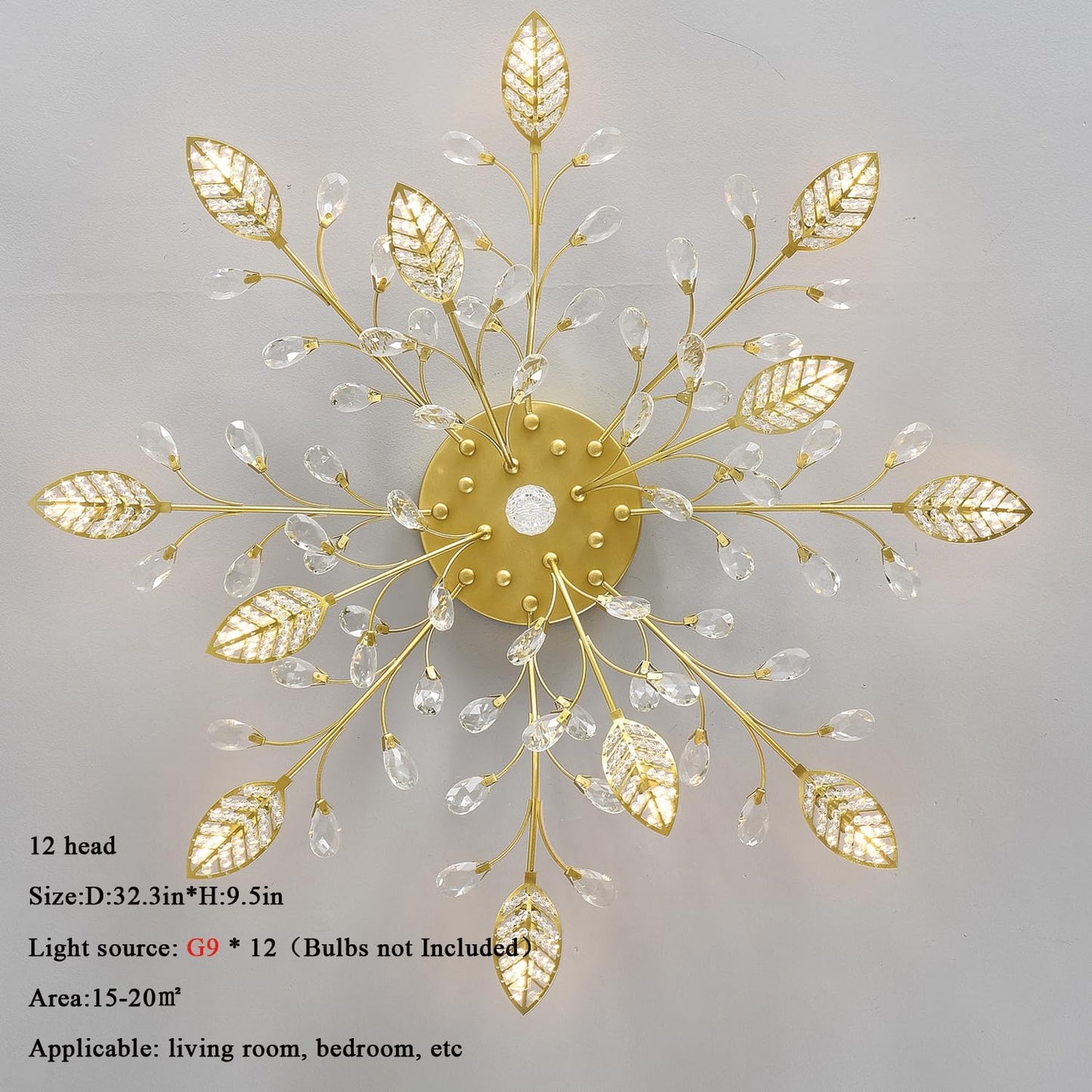Moderne Deckenleuchte aus Kristall, halbbündiger Kronleuchter, Deckenleuchte aus Kristallblättern, Kronleuchter für Esszimmer, Wohnzimmer, Schlafzimmer (Gold, 12 Lichter)