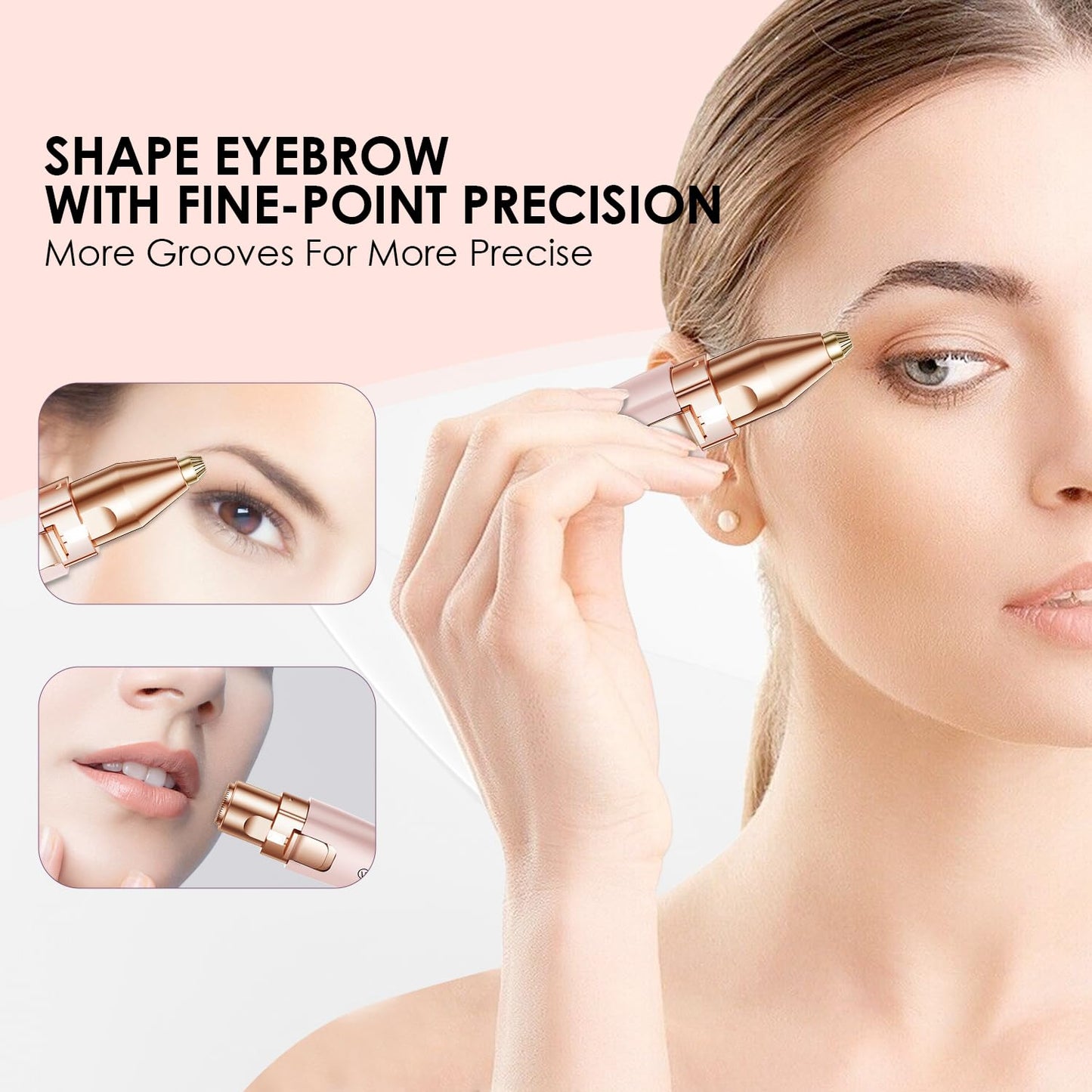 Eyebrow Facial Trimmer: 2 in1 Rechargeable Facial Hair Removal and Eyebrow Shaver - Face Lips Body Painless Facial Razor with Built-in LED Light (Rose Gold)