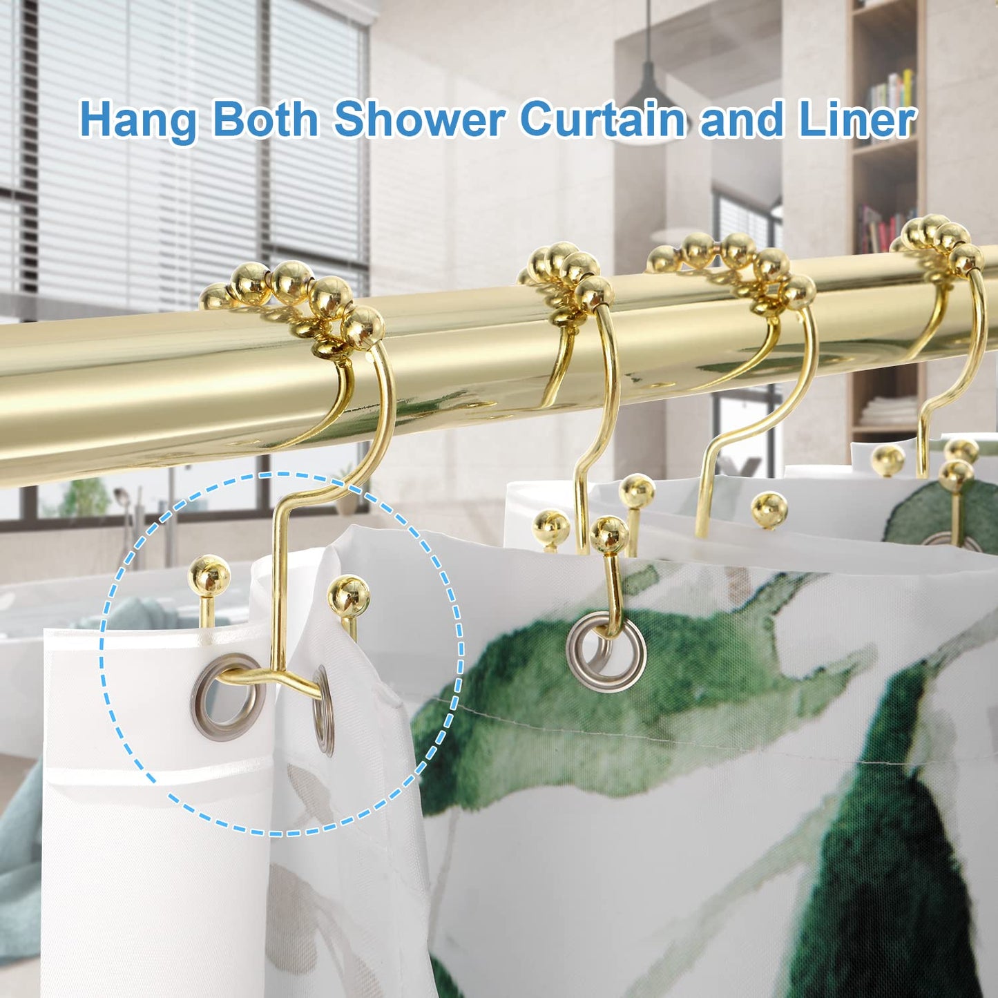 Shower Curtain Hooks Rings, TENOVEL Double Sided Shower Hooks Rust Proof for Bathroom Shower Rods Curtain, Durable Stainless Steel Bathroom Shower Curtain Hangers, Bronze, Set of 12