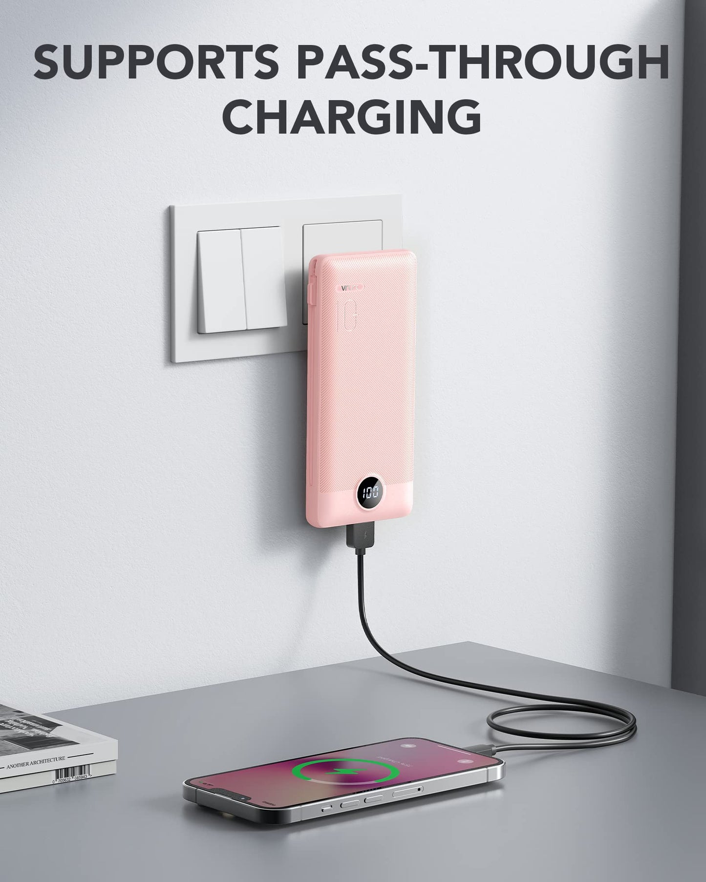VRURC Portable Charger Built-in Cables and AC Wall Plug, USB C Power Bank 10000mAh, Travel Battery Phone Charger Compact Lightweight External Battery Pack for Smart Phones, Tablets etc-Orange