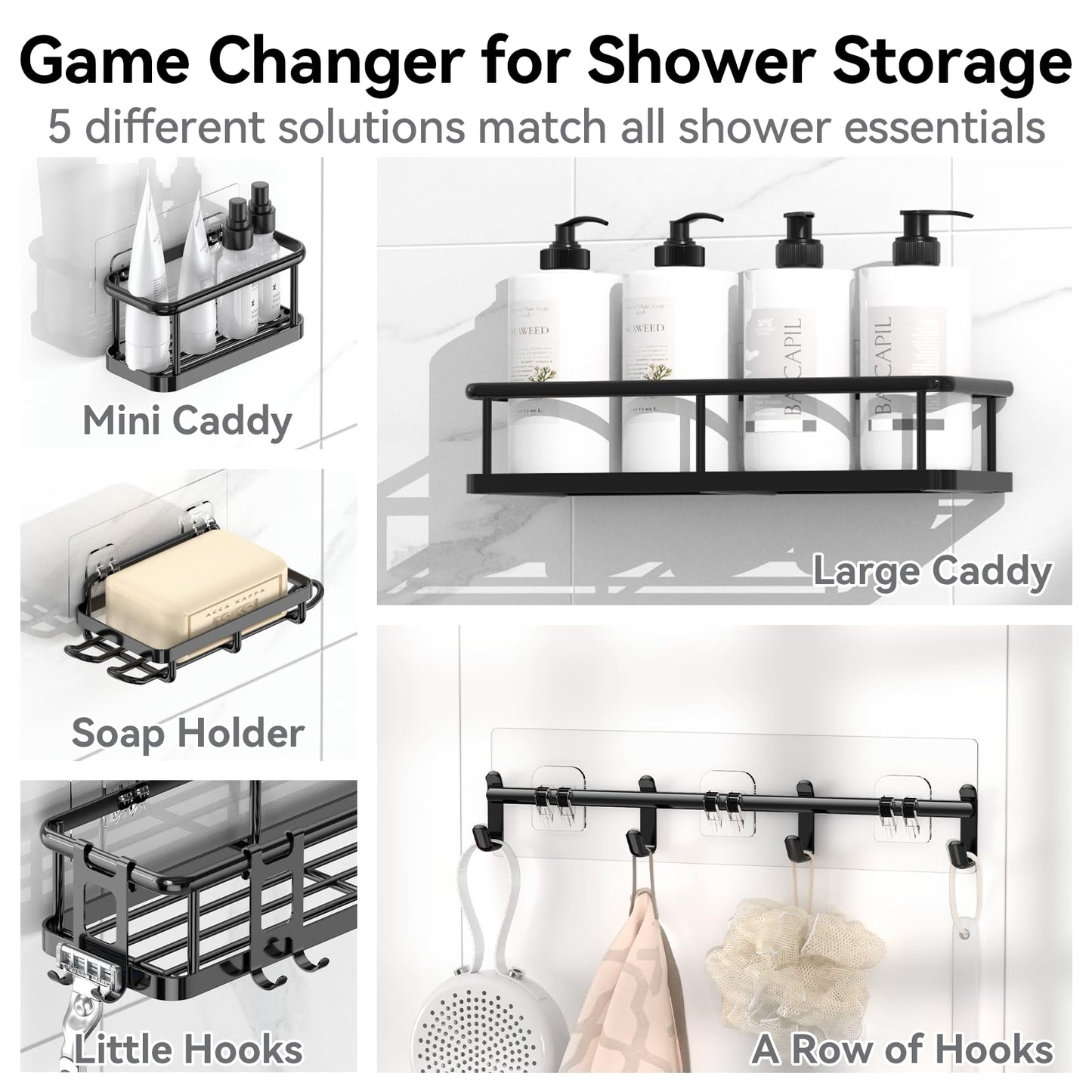 YASONIC Shower Caddy 6 Pack Rustproof shower Organizer, Large Capacity Shower Shelves for inside shower, Bathroom Organizers and Storage with Soap Holder and 12 Hooks, Adhesive Shower storage, Black