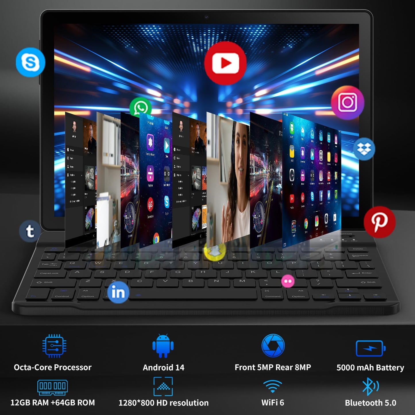 Android Tablet, 10.1 Inch Android 14 Tablet with 1280x800 IPS HD Touch Screen, Dual Camera, 64GB Storage 1TB Expansion, 8 in 1 Tablets Kit with Keyboard, Protective Case, Mouse, Stylus, BT 5.0, WiFi 6