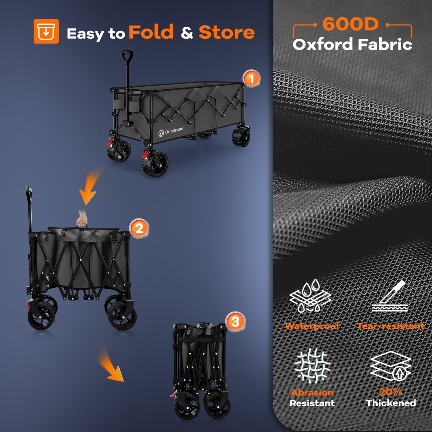 48" L Collapsible Wagon Cart Foldable, 560LB Weight Capacity 300L Heavy Duty Folding Beach Wagons with Big All-Terrain Wheels, Utility Carts for Groceries, Shopping, Camping, Sports - Black