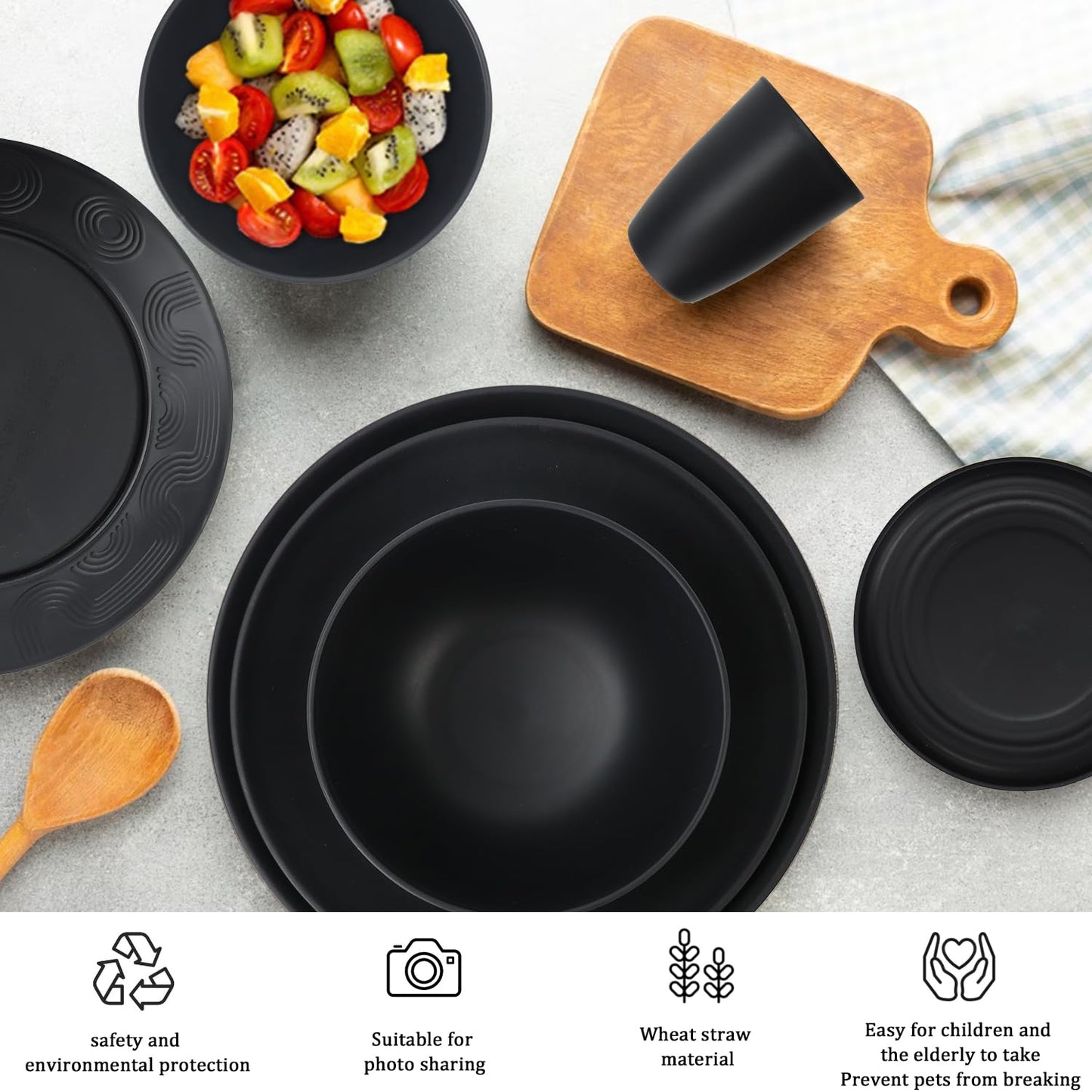 28 Piece Wheat Straw Dinnerware Sets,Dishwasher & Microwave Safe Plates and Bowls Sets - Unbreakable Plastic Dinnerware Sets for 4 Dinner Plates, Cups, Cereal Bowls - Colorful Series