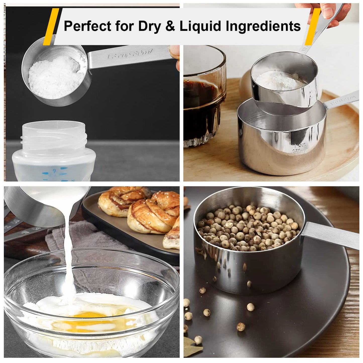 Ensemble de 10 tasses et cuillères à mesurer en acier inoxydable Joyhill, ensemble de tasses à mesurer emboîtables en métal avec poignées en silicone doux au toucher pour ingrédients secs et liquides, cuisine et pâtisserie (noir)