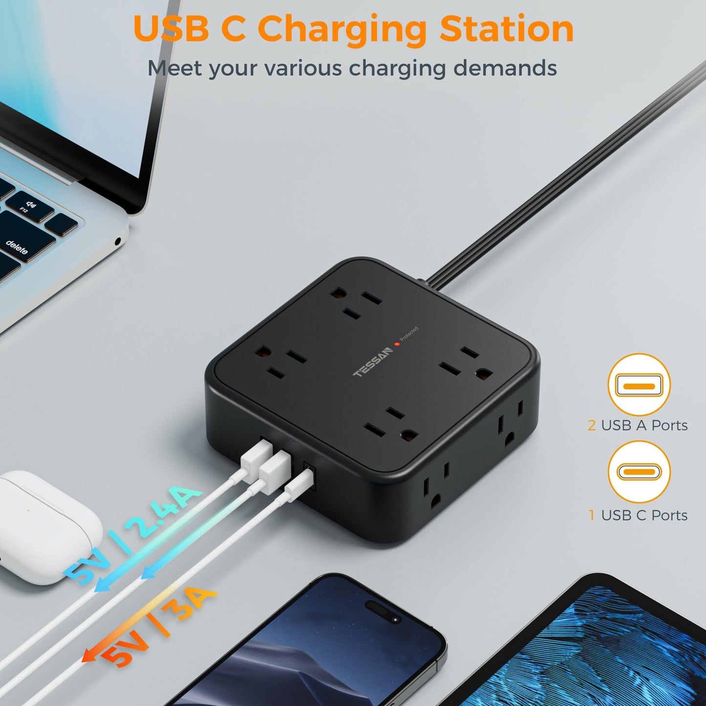 Surge Protector Flat Extension Cord Flat Plug Power Strip, 8 AC Outlets, 3 USB Charger(1 USB C Port) 3-Sided Outlet Extender, 5 Ft, 900 Joules Protection