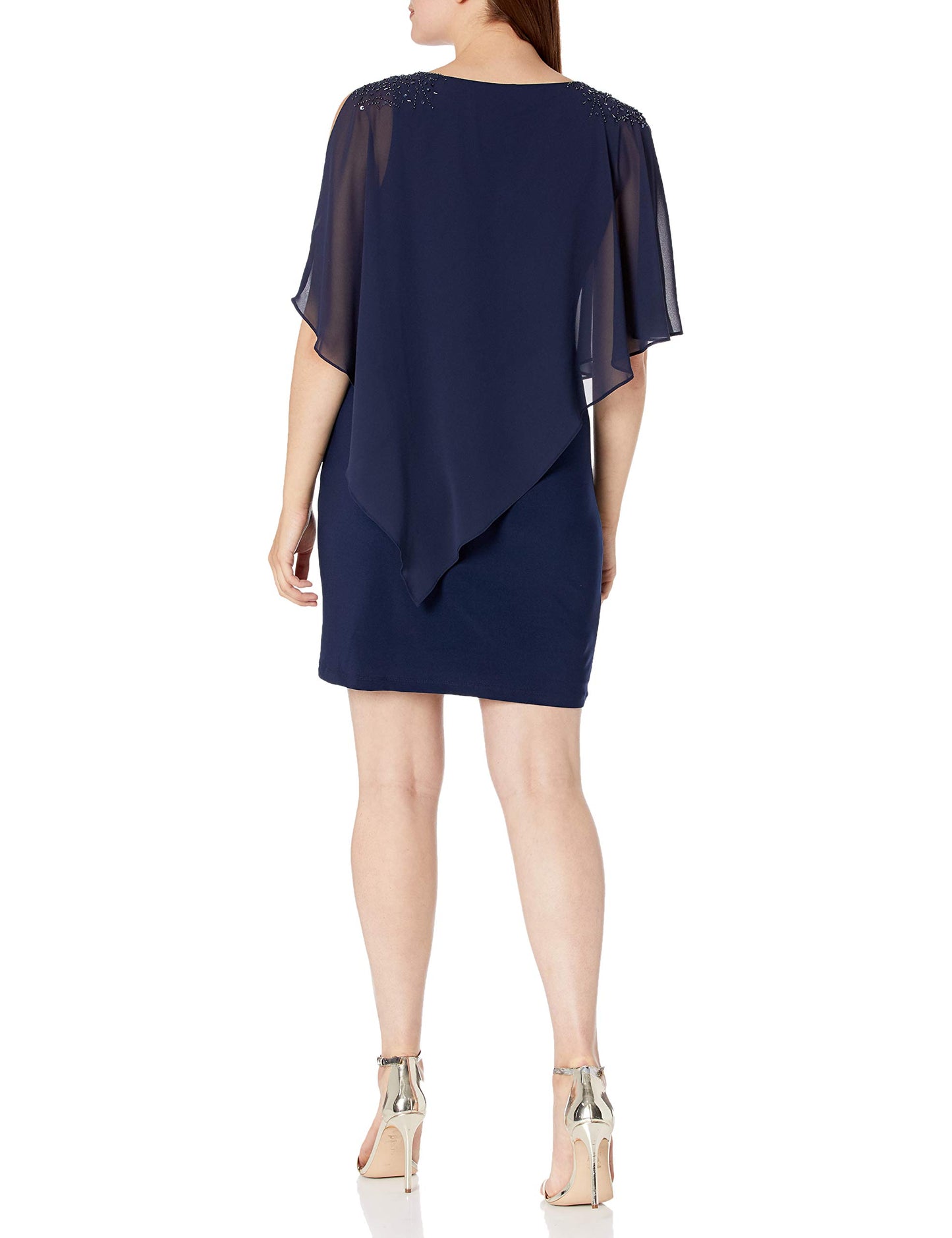 S.L. Fashions Women's Short Sheath Capelet Gown with Asymmetric Overlay, Mother of The Bride Dress (Petite and Regular Sizes)