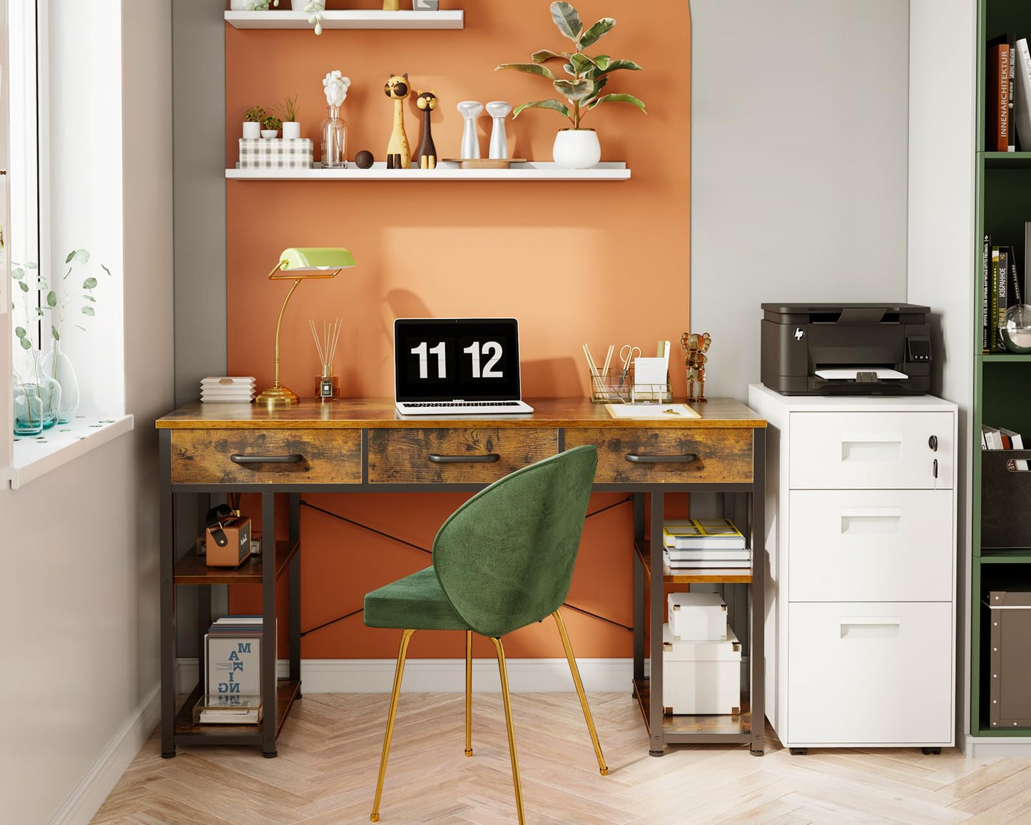 ODK Office Kleiner Computertisch: Heimtisch mit Stoffschubladen und Ablageflächen, moderner Schreibtisch, Schwarz, 48"x16"