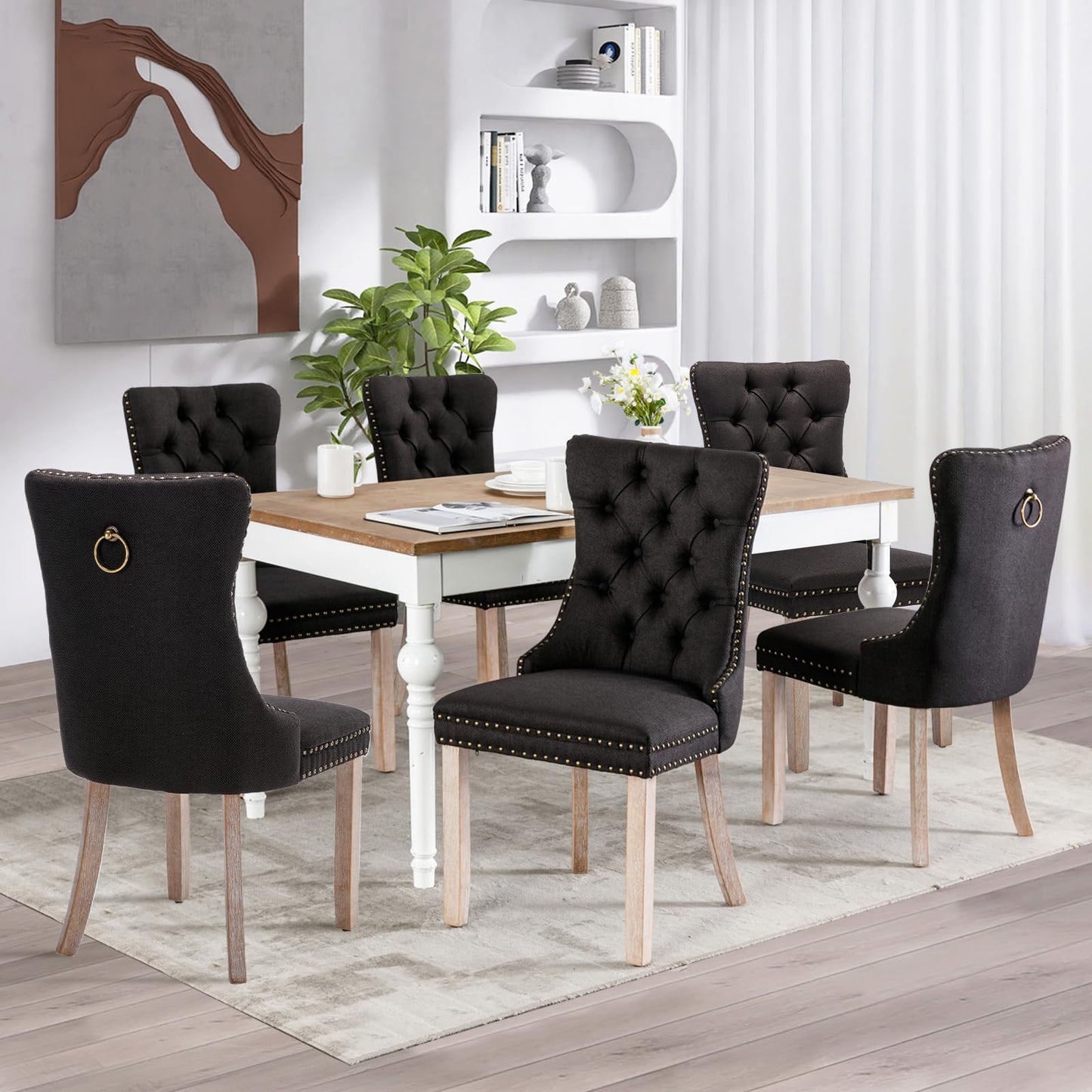 SoarFlash Esszimmerstühle aus Leder, 8er-Set, Beistellstuhl mit hoher Rückenlehne, moderner gepolsterter Beistellstuhl mit Knopfrückenring, Beine aus Massivholz (Schwarz und Grau)