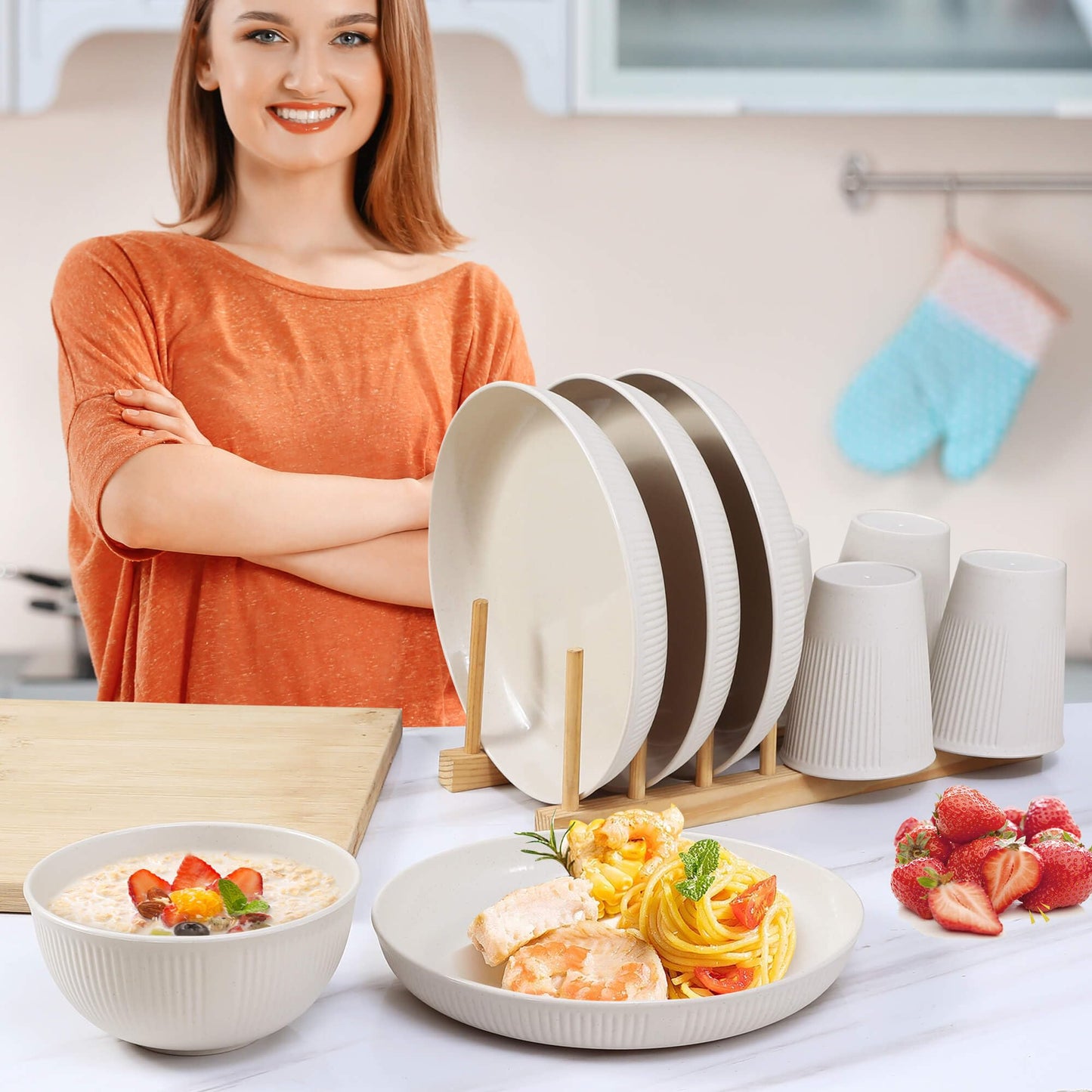 12pcs Wheat Straw Dinnerware Sets for 4, Kitchen Unbreakable Plates and Bowls Sets for College Dorm Apartment Reusable Beige