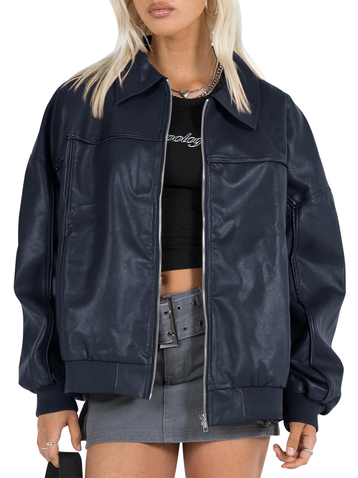 Tankaneo Womens Faux Leather Jackets Oversized Bomber Casual Fall Fashion Zip Up Moto Biker Coats