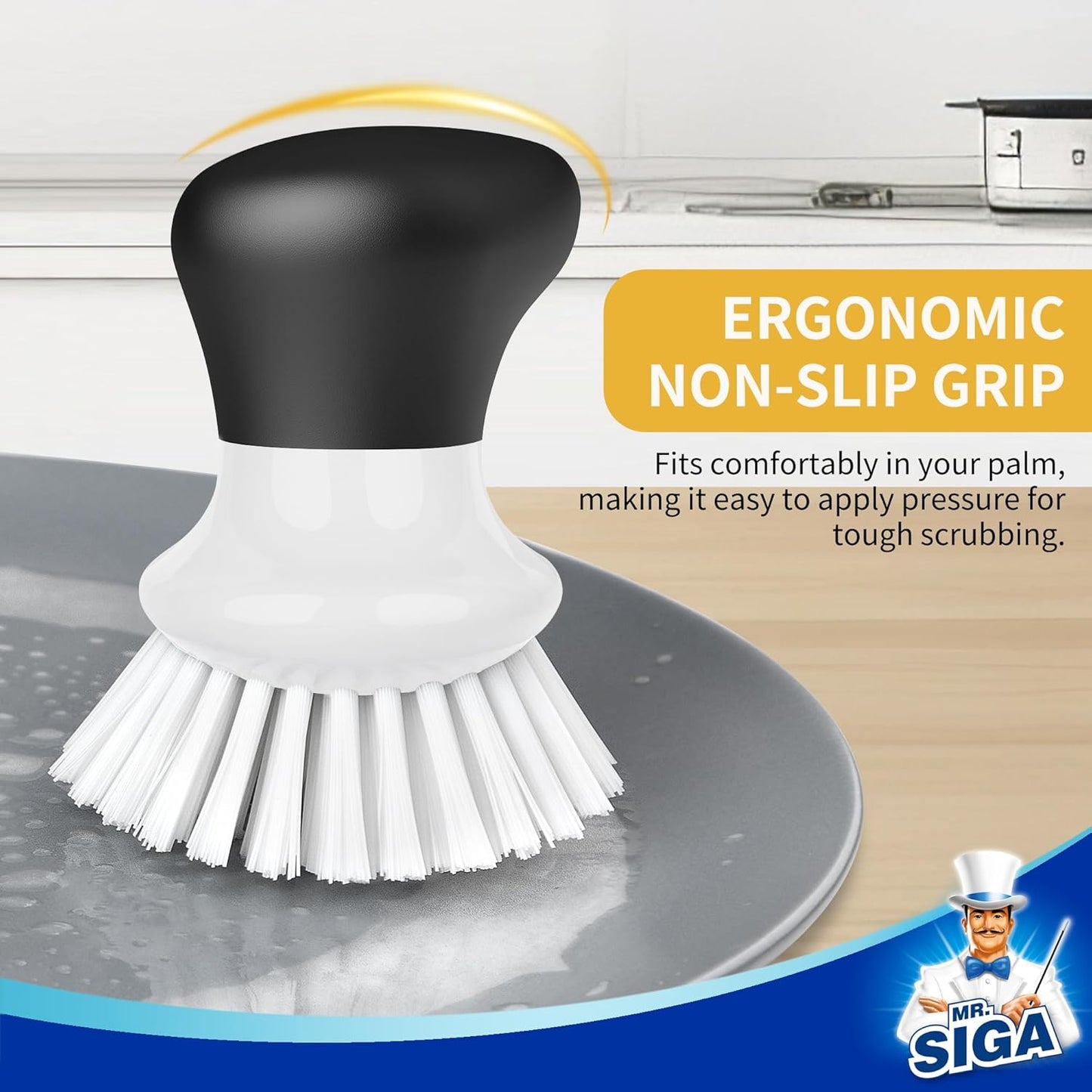 MR.SIGA Geschirr-Scheuerbürste, Palm Brush Dish Scrubber mit ergonomischem Griff, Küchenbürsten für Geschirr, weiß, 2 Stück
