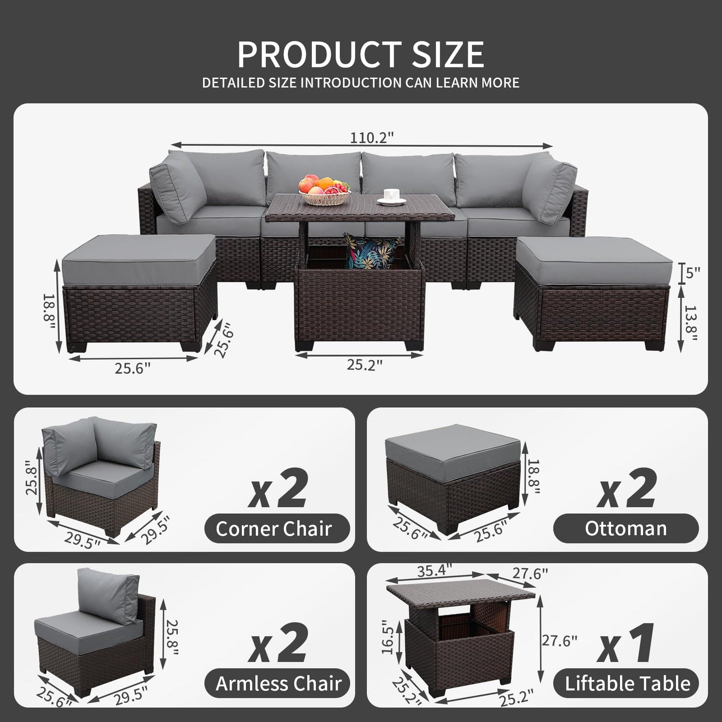 Outdoor Patio Dark Brown Rattan 7 Piece Sectional Set PE Wicker Conversation Sofa with Liftable Storage Table Non-Slip 5" Thick Royal Blue Cushion and Furniture Cover