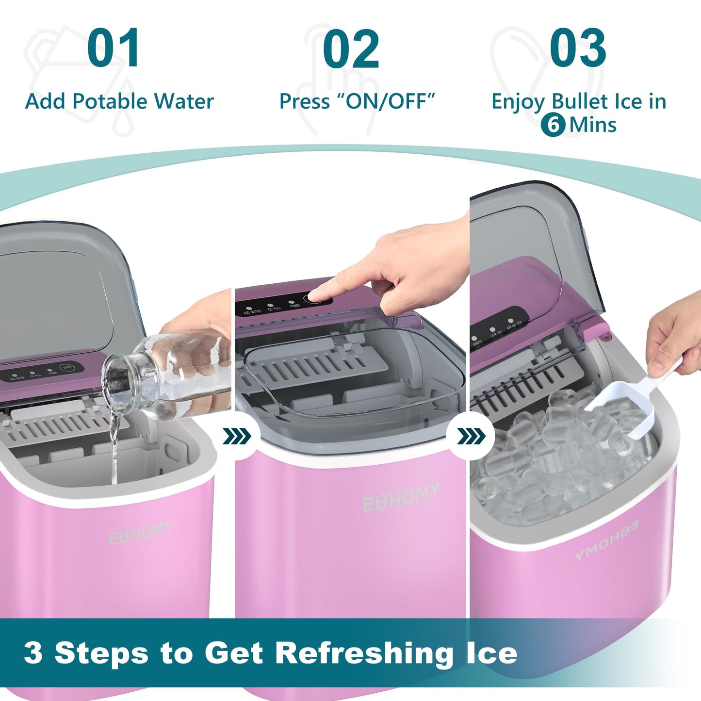 EUHOMY Countertop Ice Maker Machine with Handle, 26lbs in 24Hrs, 9 Ice Cubes Ready in 6 Mins, Auto-Cleaning Portable Ice Maker with Basket and Scoop, for Home/Kitchen/Camping/RV. (Black)