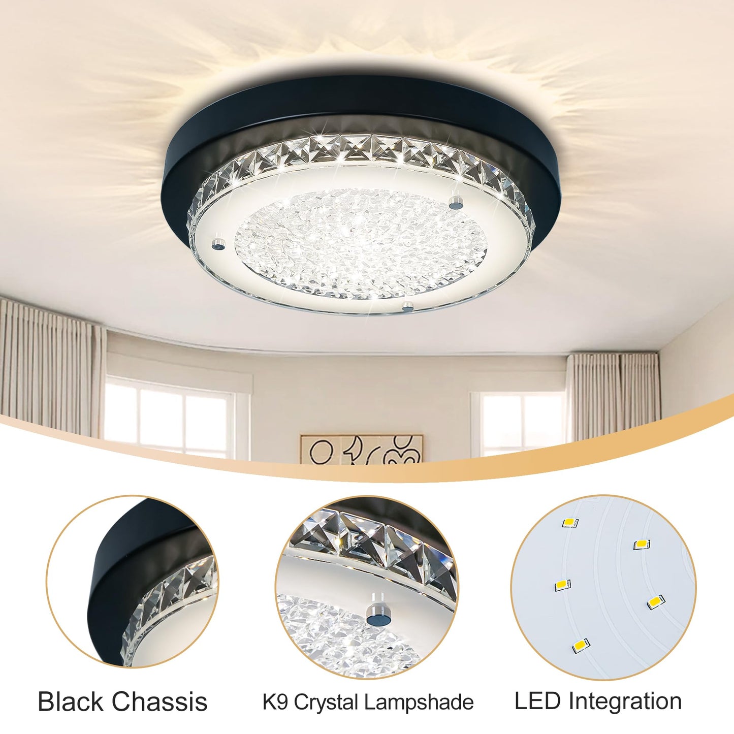 Black Crystal Flush Mount Ceiling Light – Modern Dimmable LED