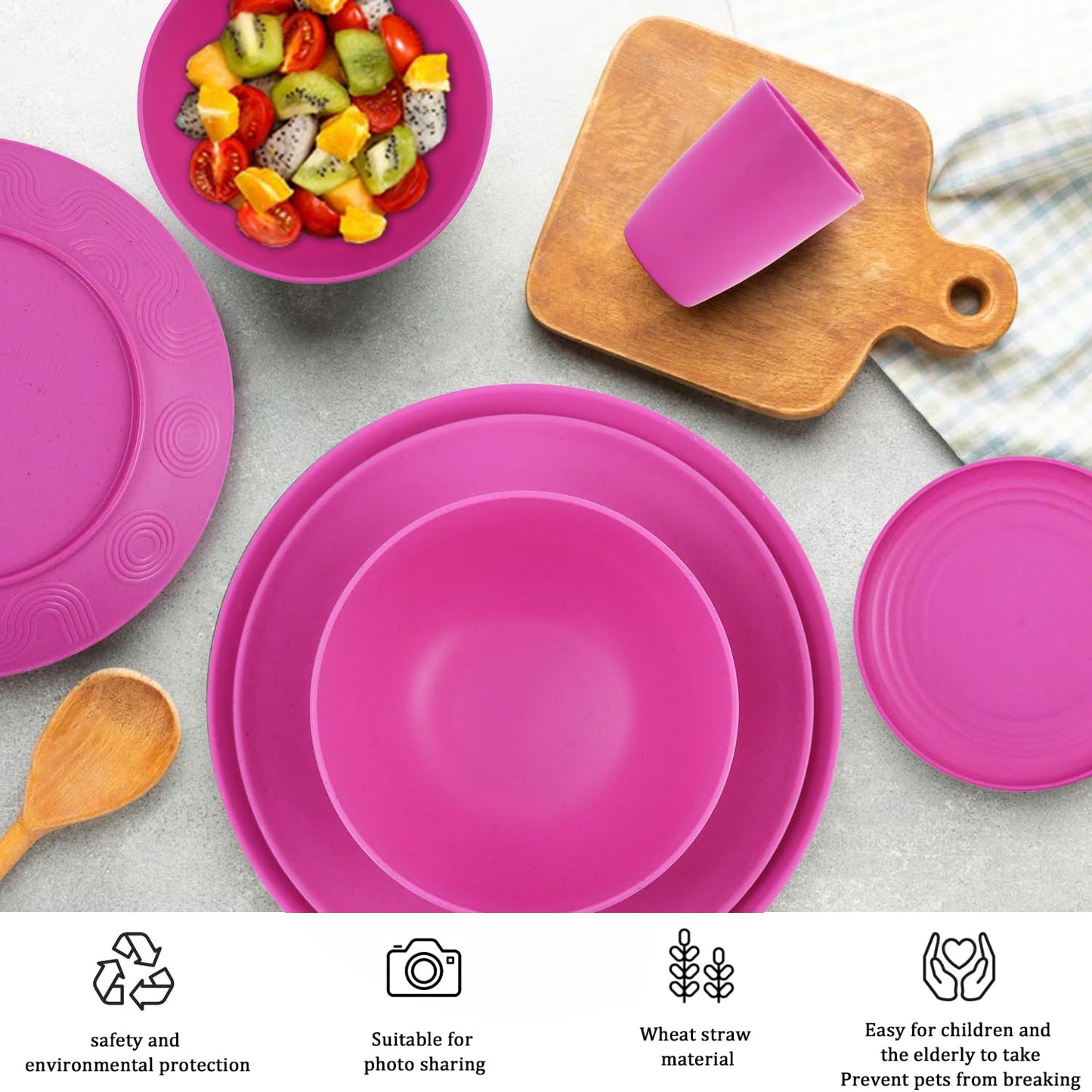 28 Piece Wheat Straw Dinnerware Sets,Dishwasher & Microwave Safe Plates and Bowls Sets - Unbreakable Plastic Dinnerware Sets for 4 Dinner Plates, Cups, Cereal Bowls - Colorful Series