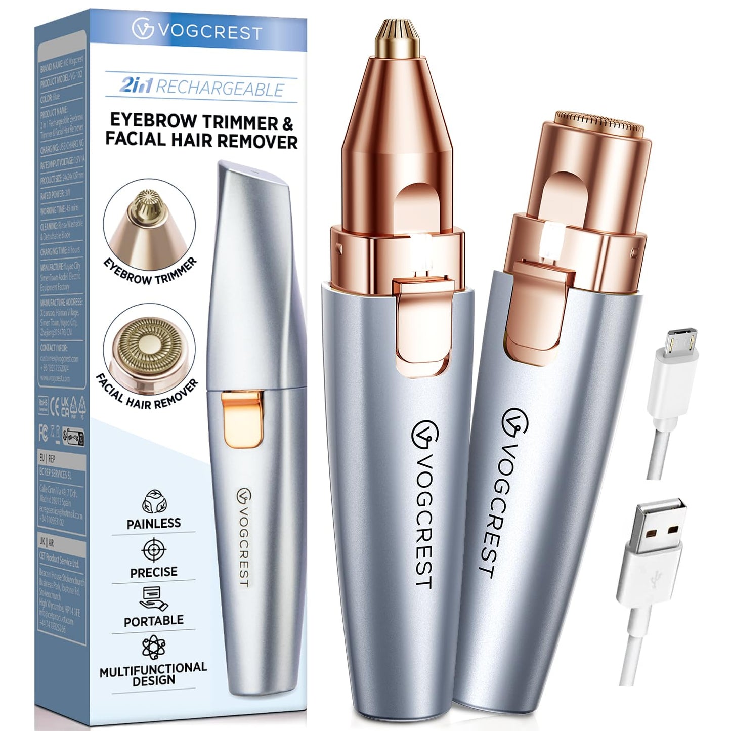 Eyebrow Facial Trimmer: 2 in1 Rechargeable Facial Hair Removal and Eyebrow Shaver - Face Lips Body Painless Facial Razor with Built-in LED Light (Rose Gold)